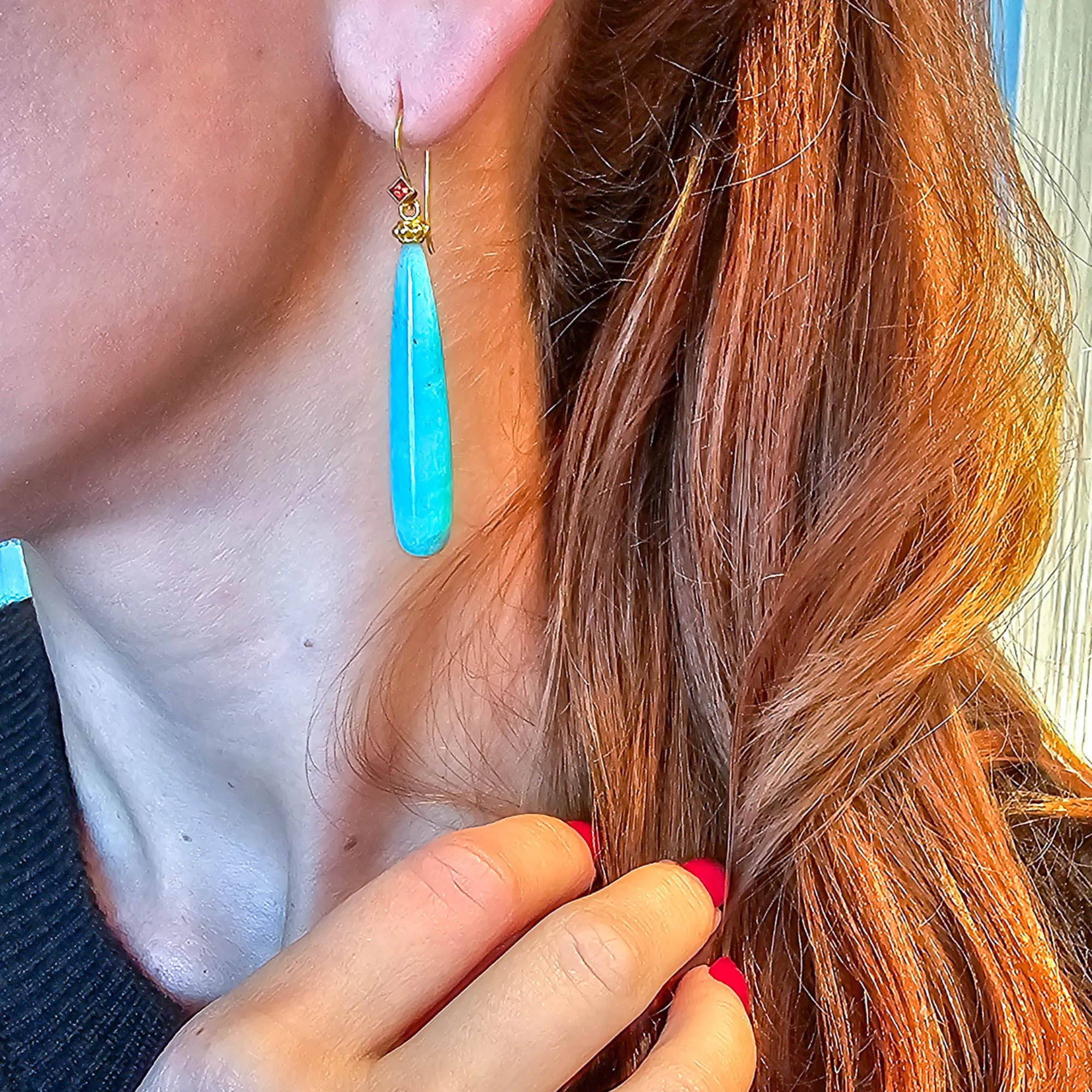 EXCLUSIVELY NINA 18K YELLOW GOLD AMAZONITE AND ORANGE SAPPHIRE DROP EARRINGS