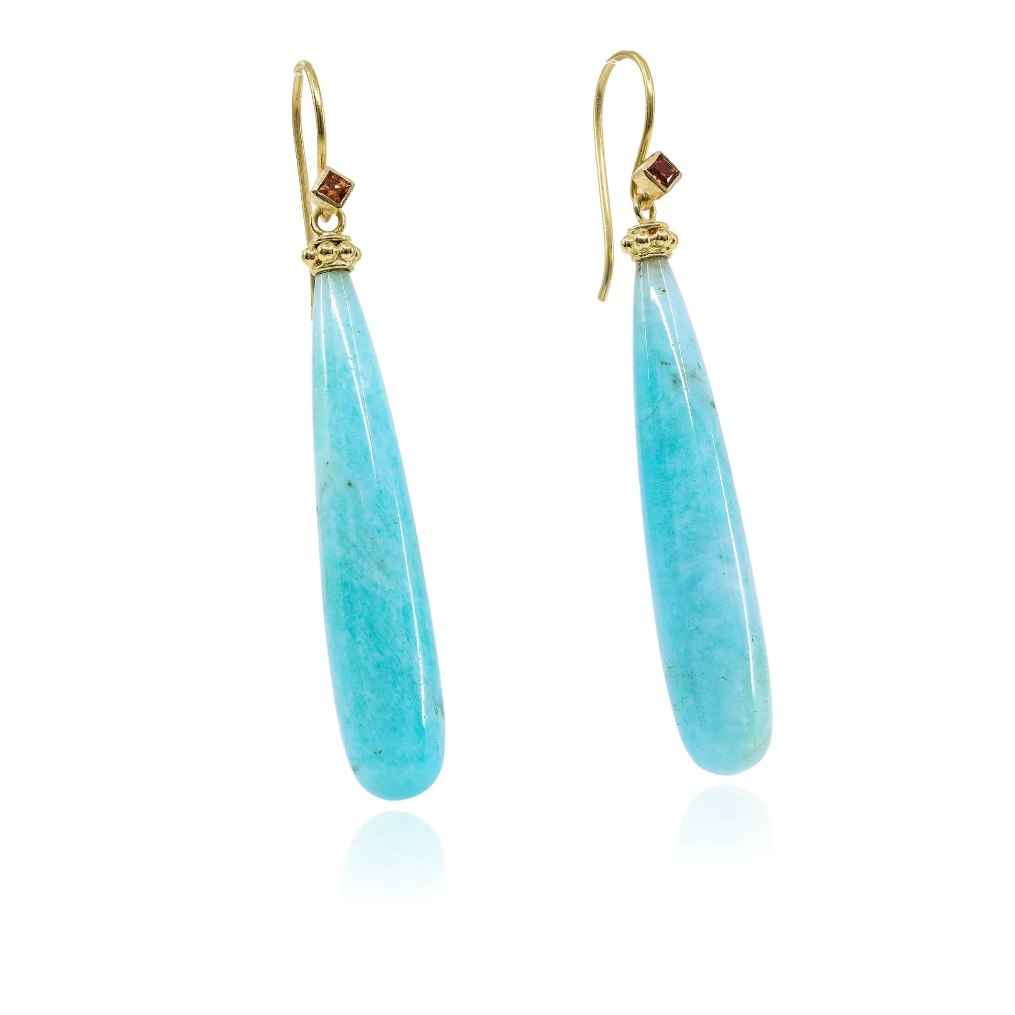EXCLUSIVELY NINA 18K YELLOW GOLD AMAZONITE AND ORANGE SAPPHIRE DROP EARRINGS