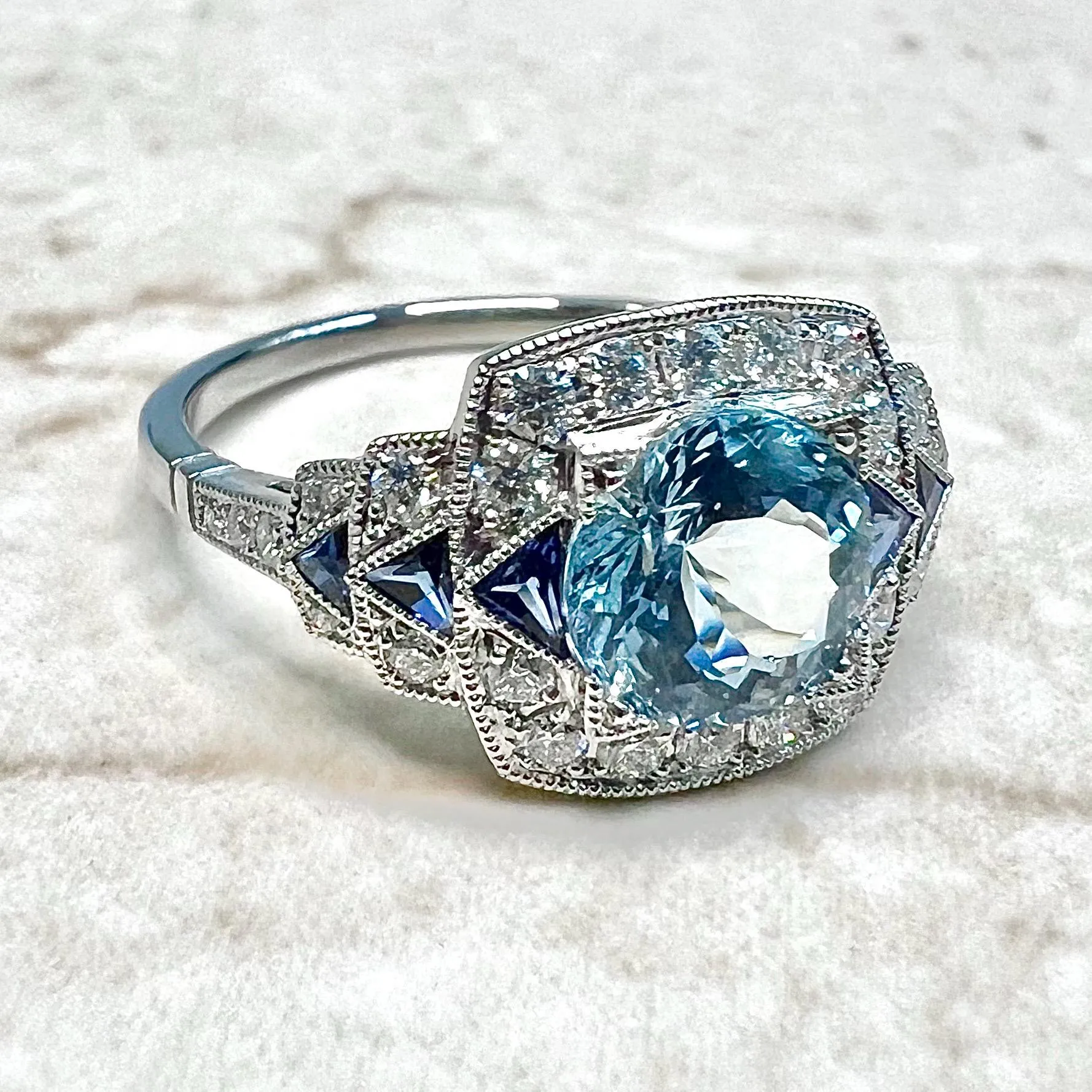 Fine Art Deco Style Handcrafted Platinum Diamond, Sapphire & Aquamarine Ring