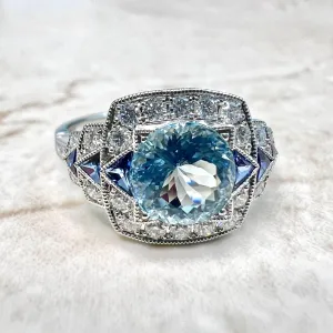 Fine Art Deco Style Handcrafted Platinum Diamond, Sapphire & Aquamarine Ring