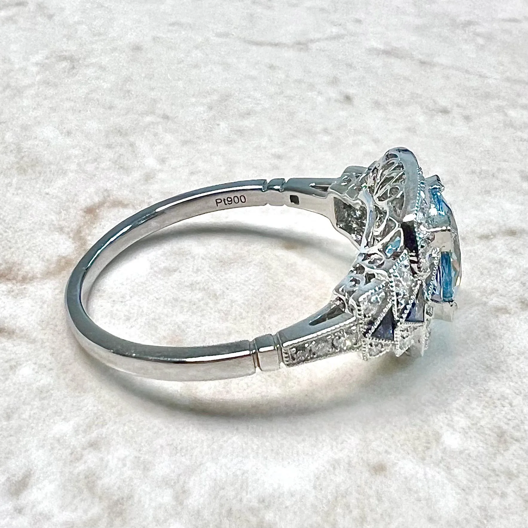 Fine Art Deco Style Handcrafted Platinum Diamond, Sapphire & Aquamarine Ring