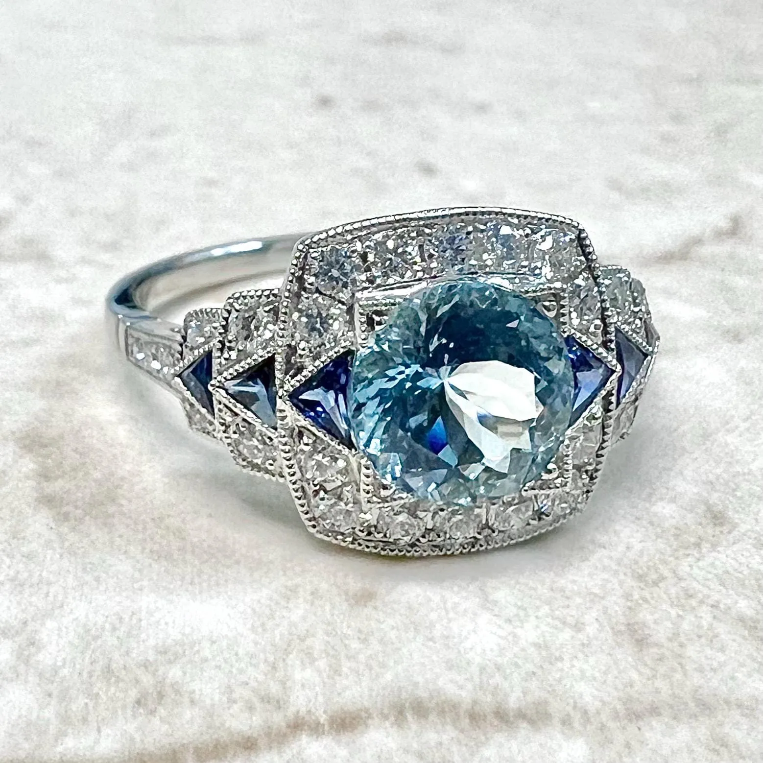 Fine Art Deco Style Handcrafted Platinum Diamond, Sapphire & Aquamarine Ring