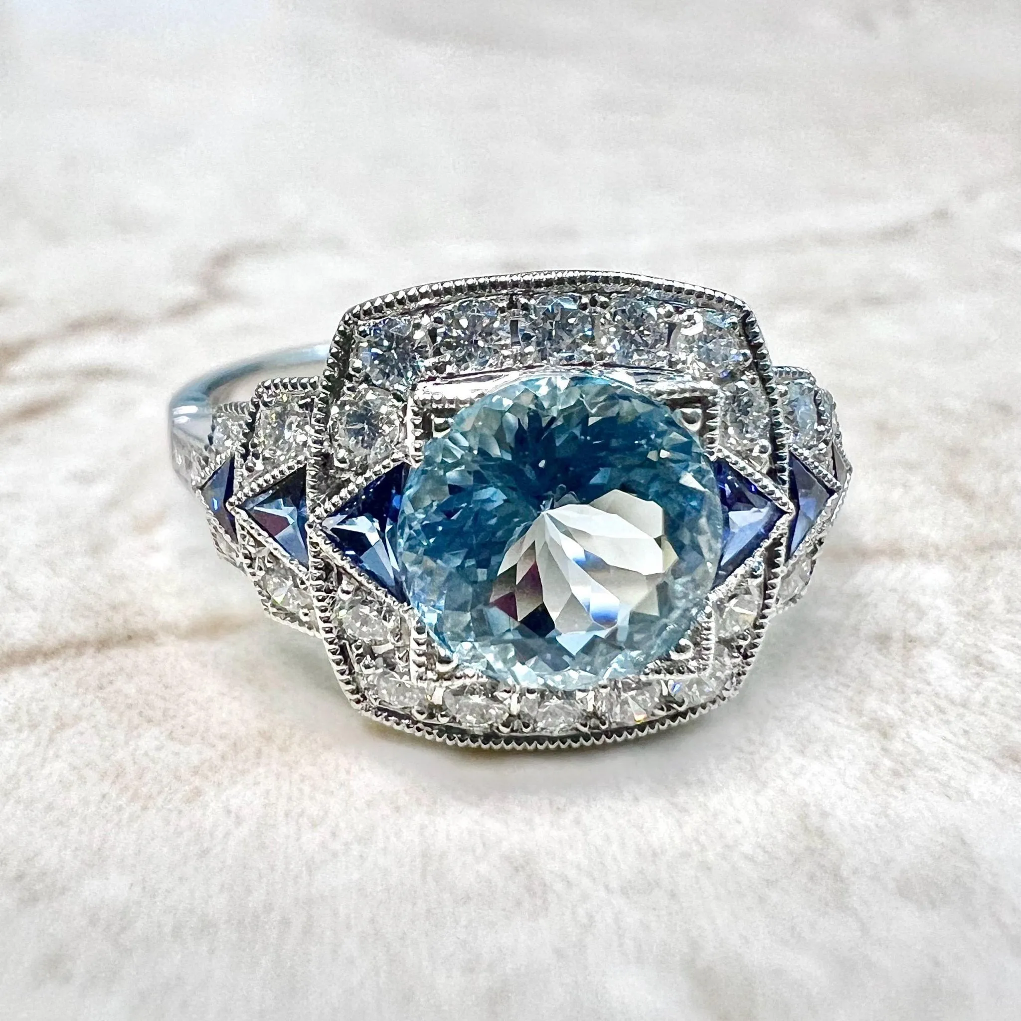 Fine Art Deco Style Handcrafted Platinum Diamond, Sapphire & Aquamarine Ring