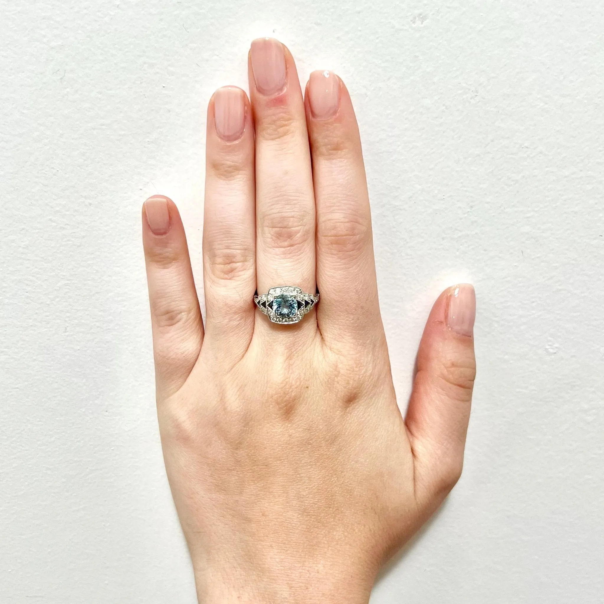 Fine Art Deco Style Handcrafted Platinum Diamond, Sapphire & Aquamarine Ring