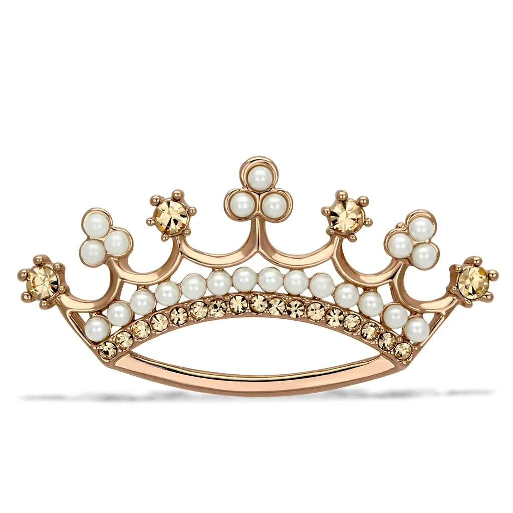 Flash Rose Gold White Metal Crown Style Brooch with Pearl Stone - Fashion Trend