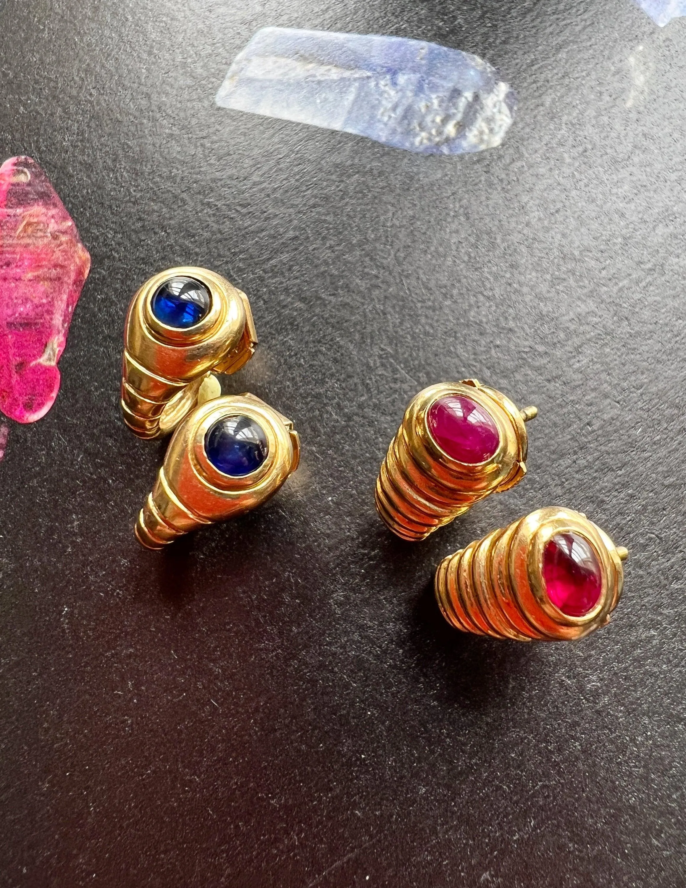 French vintage 18K gold blue sapphire snake tail earrings