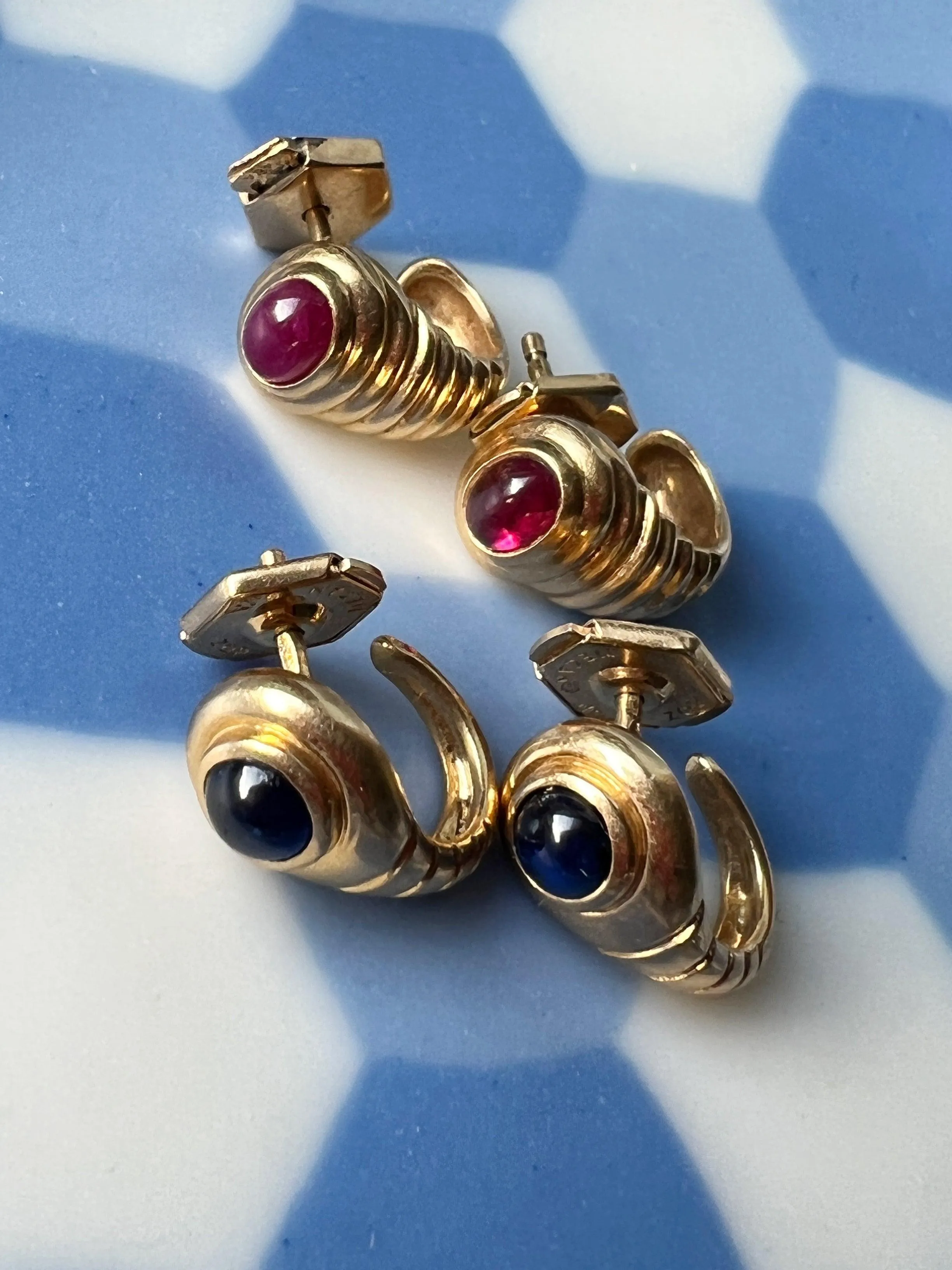 French vintage 18K gold blue sapphire snake tail earrings