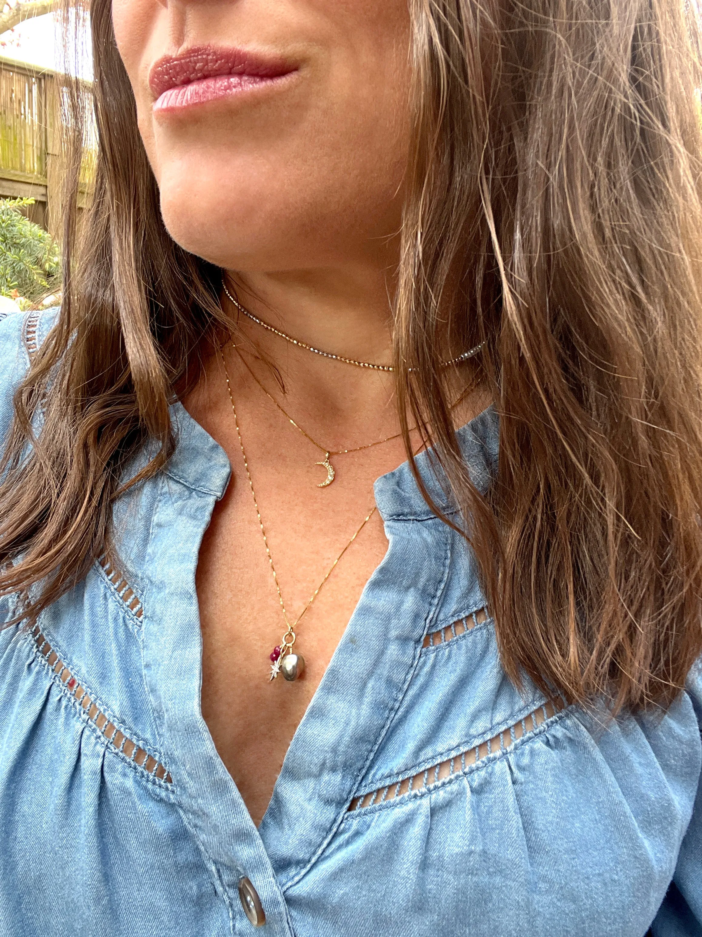 Gemstone Cluster Diamond Charm Necklace: Blue Keshi Pearl, Rubies