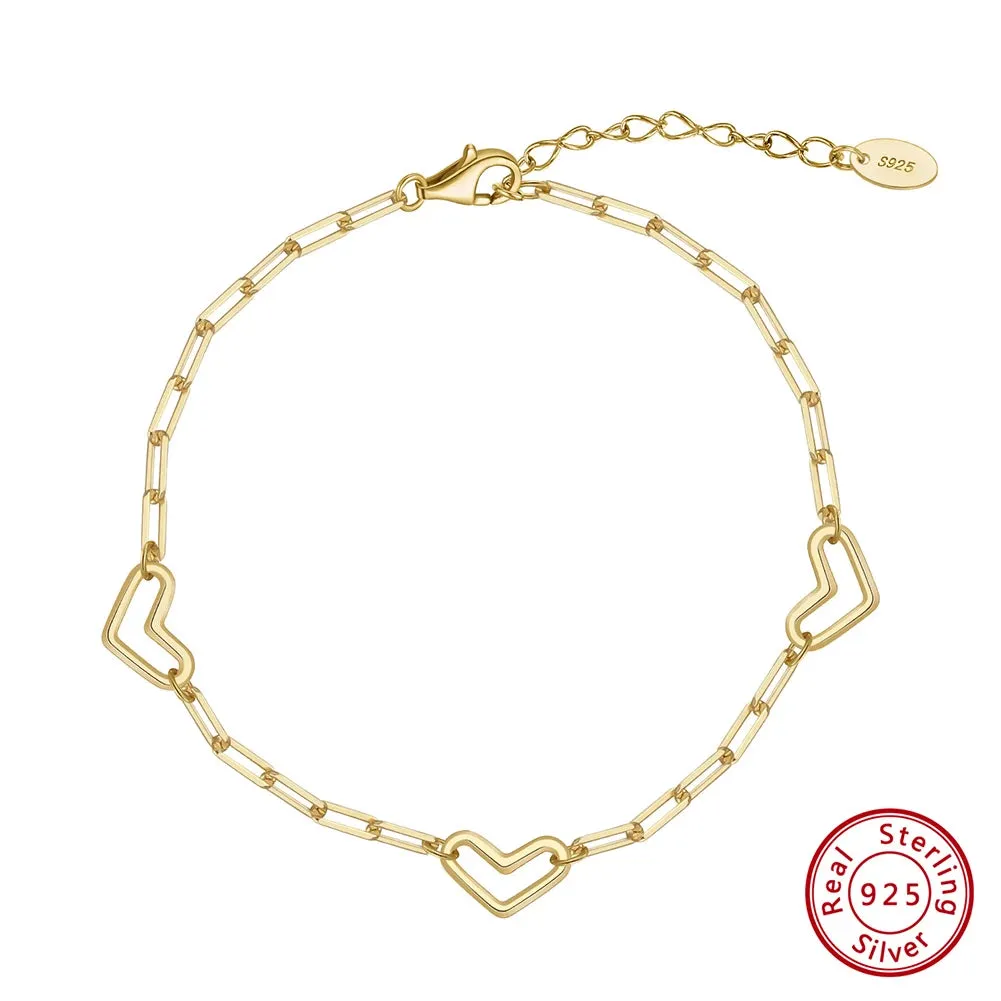 Genuine 925 Sterling Silver Heart Chain Bracelet for Female