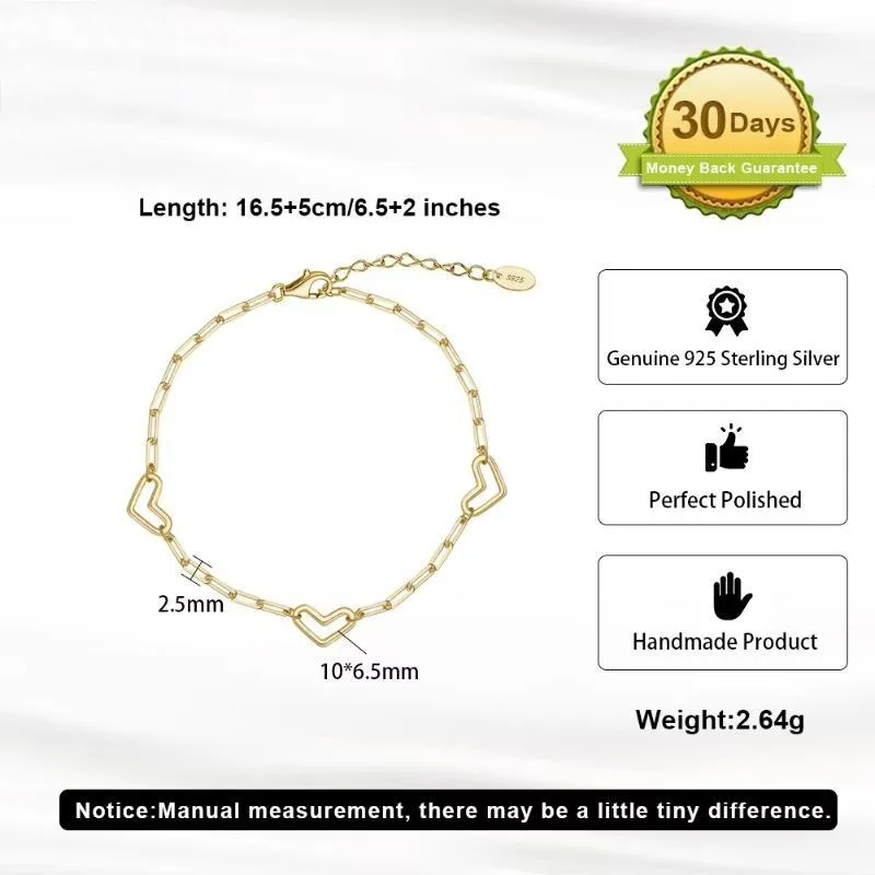 Genuine 925 Sterling Silver Heart Chain Bracelet for Female