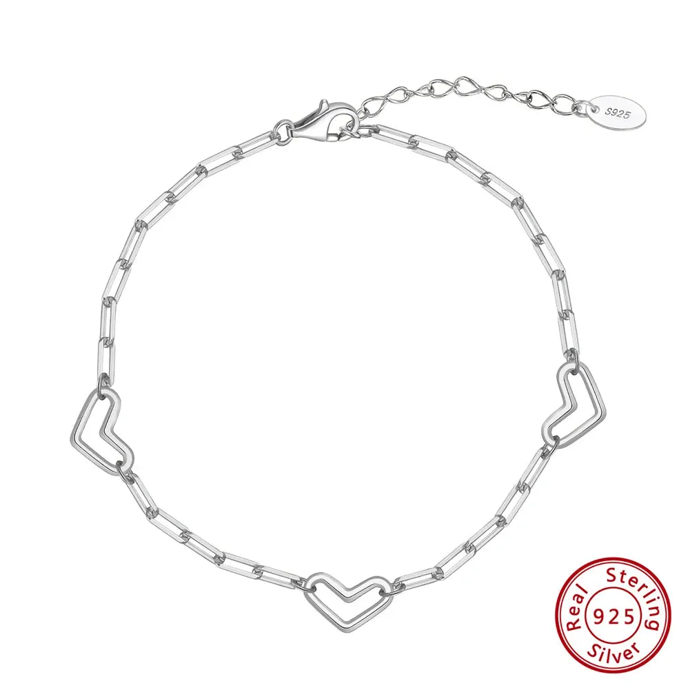 Genuine 925 Sterling Silver Heart Chain Bracelet for Female