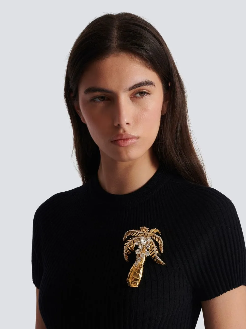 Gold Brass and Crystal Palm Tree Brooch