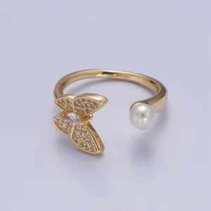 Gold Filled butterfly ring Pearl butterfly rin, stackable adjustable ring, dainty ring O-2139