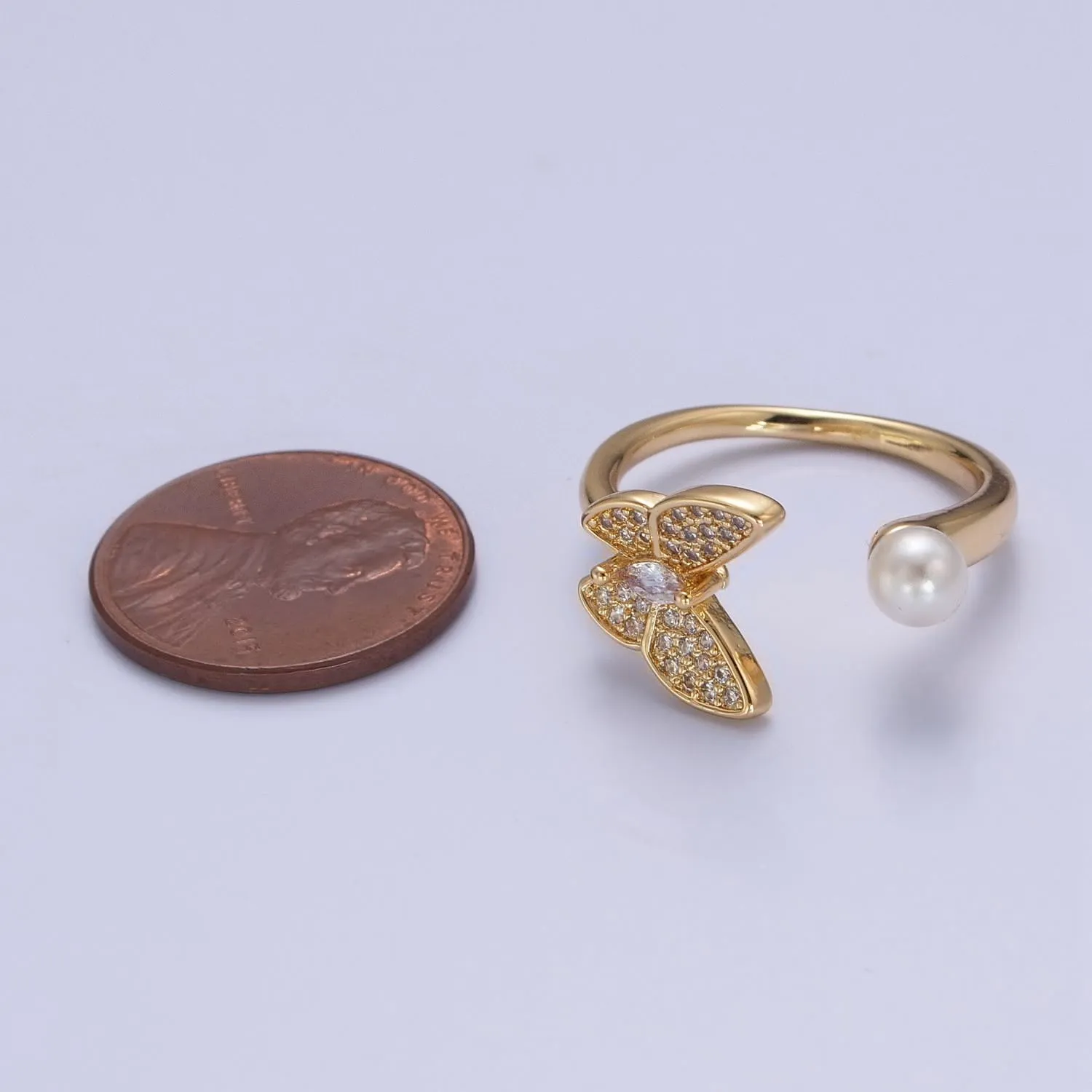 Gold Filled butterfly ring Pearl butterfly rin, stackable adjustable ring, dainty ring O-2139