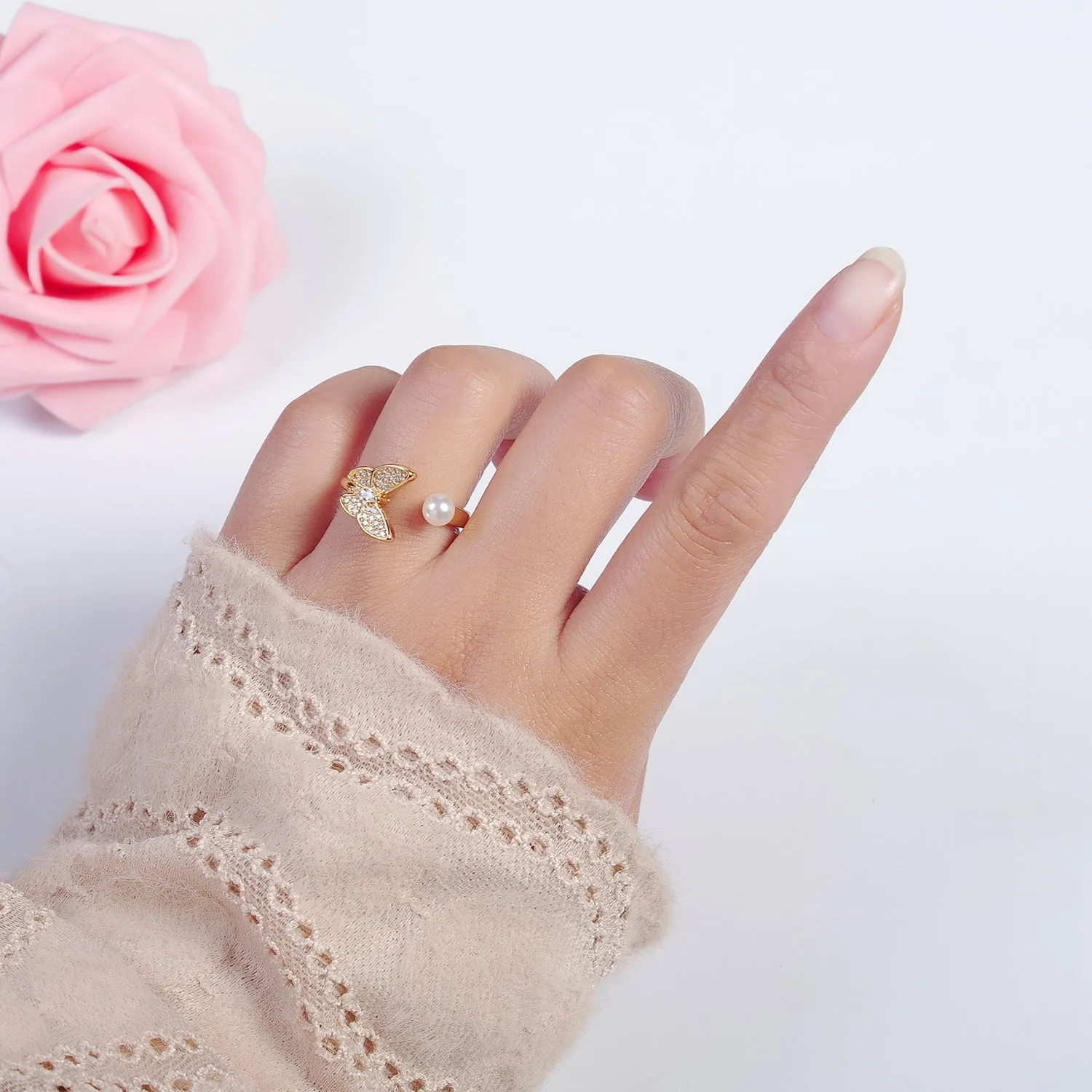 Gold Filled butterfly ring Pearl butterfly rin, stackable adjustable ring, dainty ring O-2139