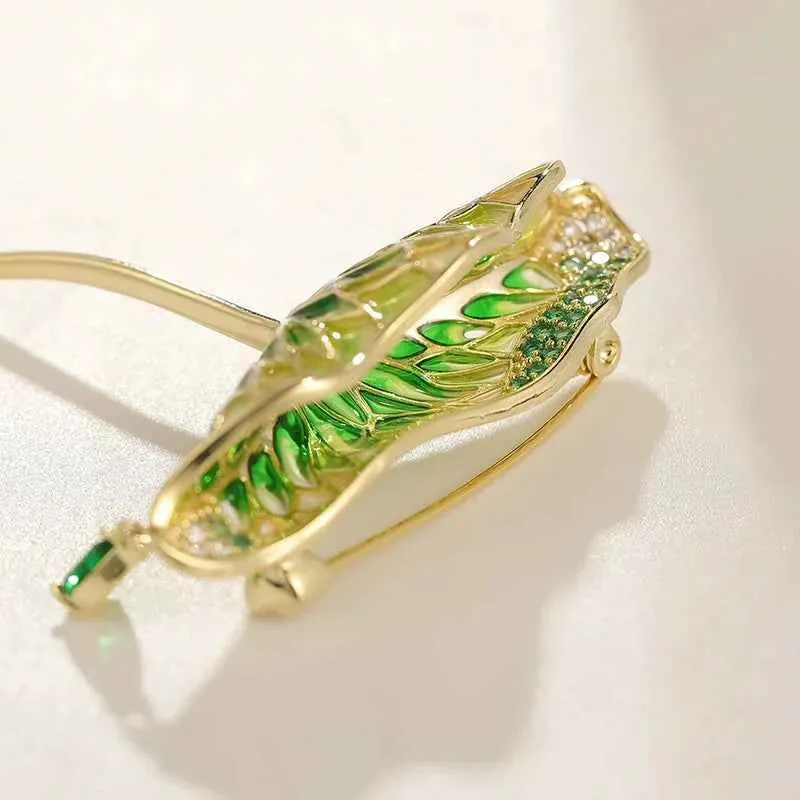 Gold Green Enamel Lotus Leaf Waterdrop Zircon Brooch Pin