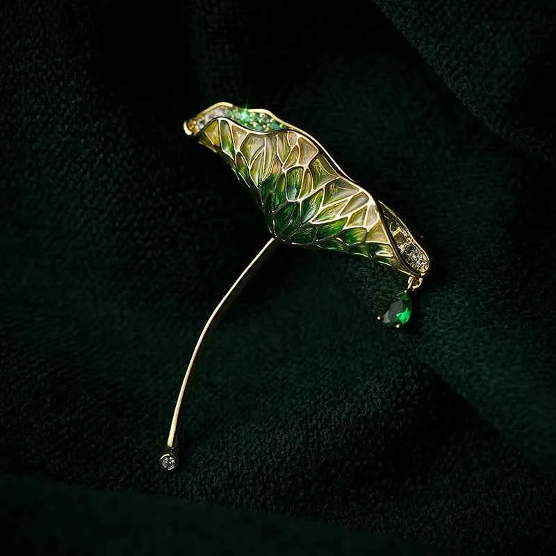 Gold Green Enamel Lotus Leaf Waterdrop Zircon Brooch Pin