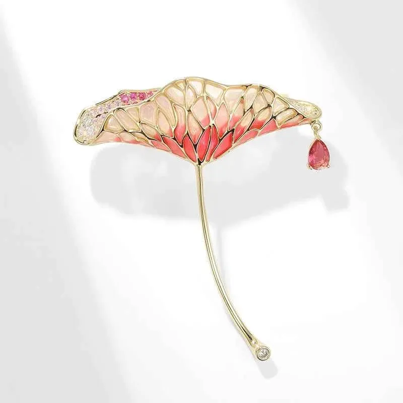 Gold Green Enamel Lotus Leaf Waterdrop Zircon Brooch Pin