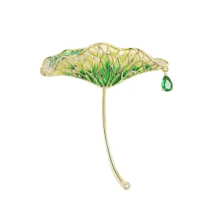 Gold Green Enamel Lotus Leaf Waterdrop Zircon Brooch Pin