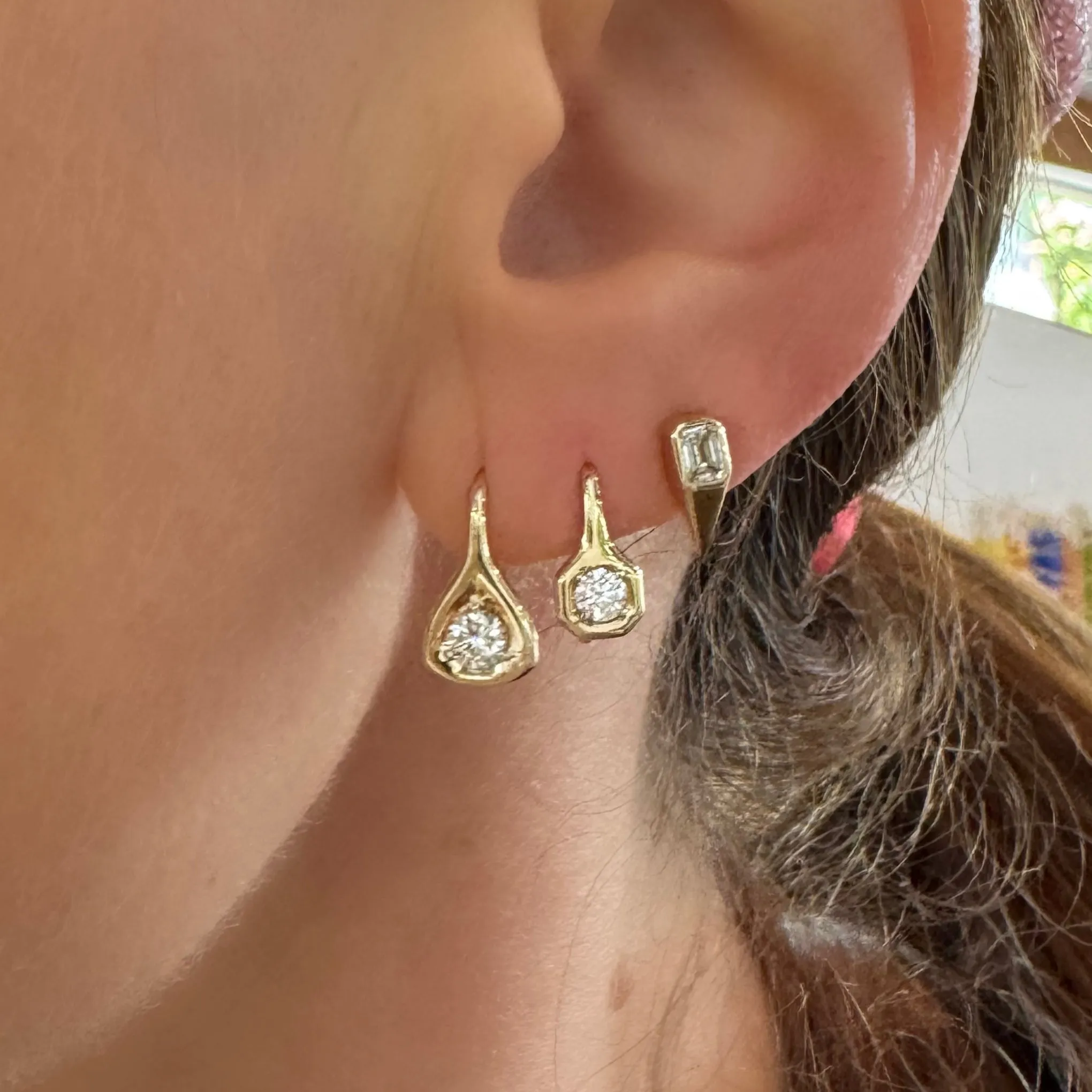 Gold Trillion Drop Earrings with Round Diamonds