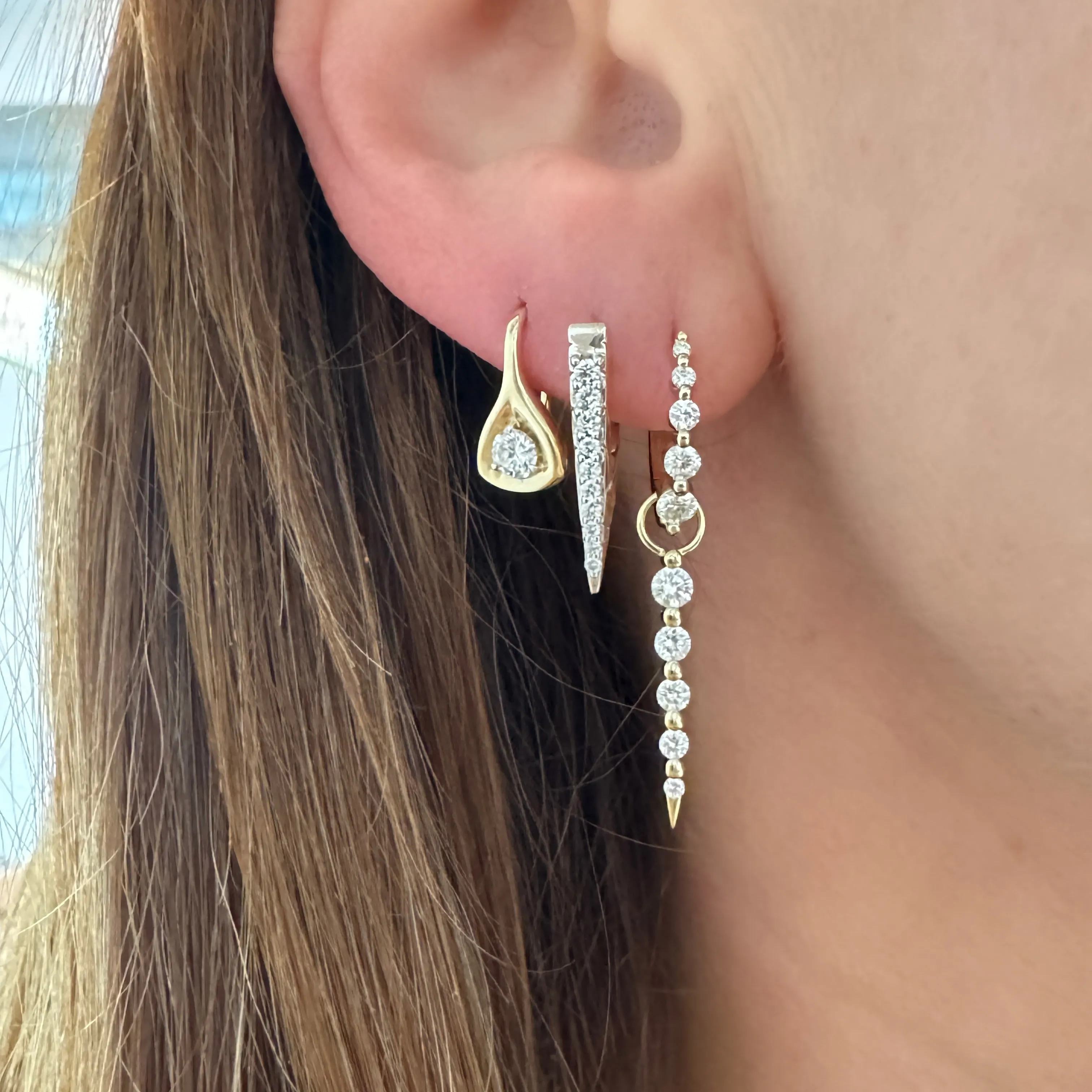 Gold Trillion Drop Earrings with Round Diamonds
