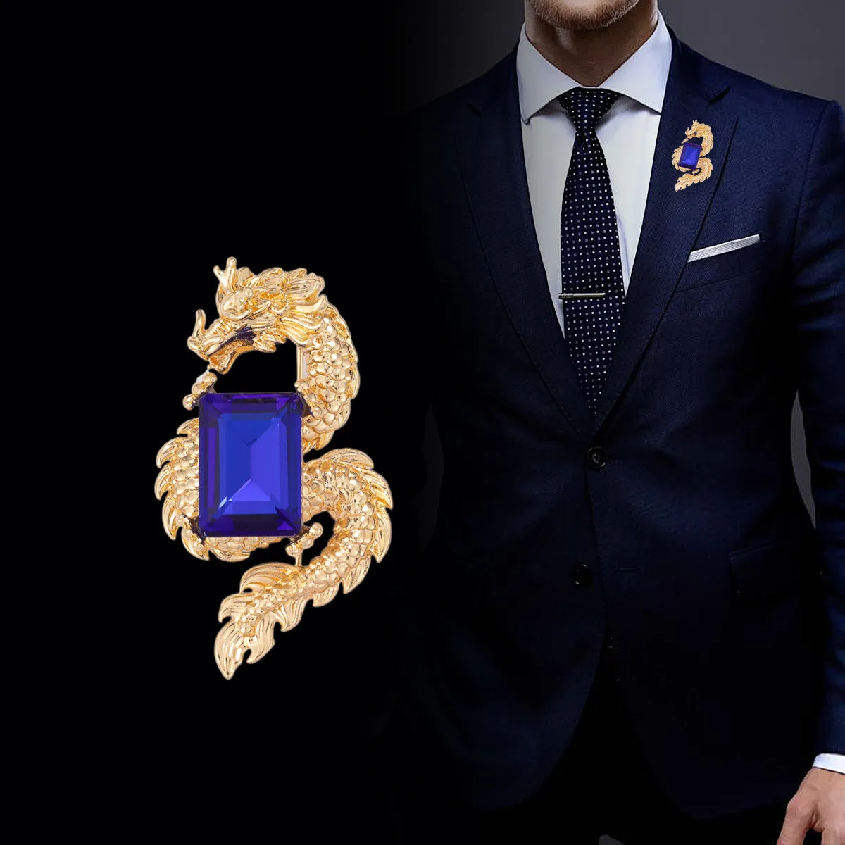 Golden Chinese Dragon Inlaid with Blue Crystal Brooch 3pcs