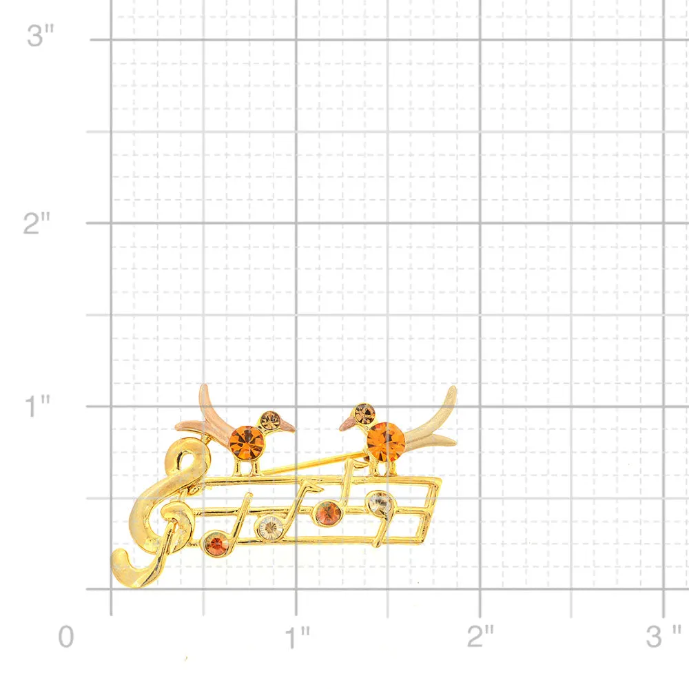 Golden Topaz Brown Music Note With Two Birds Swarovski Crystal Pin Brooch
