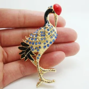 Gorgeous Blue Bird Red-crowned Crane Rhinestone Crystal Gold Tone Brooch Pin