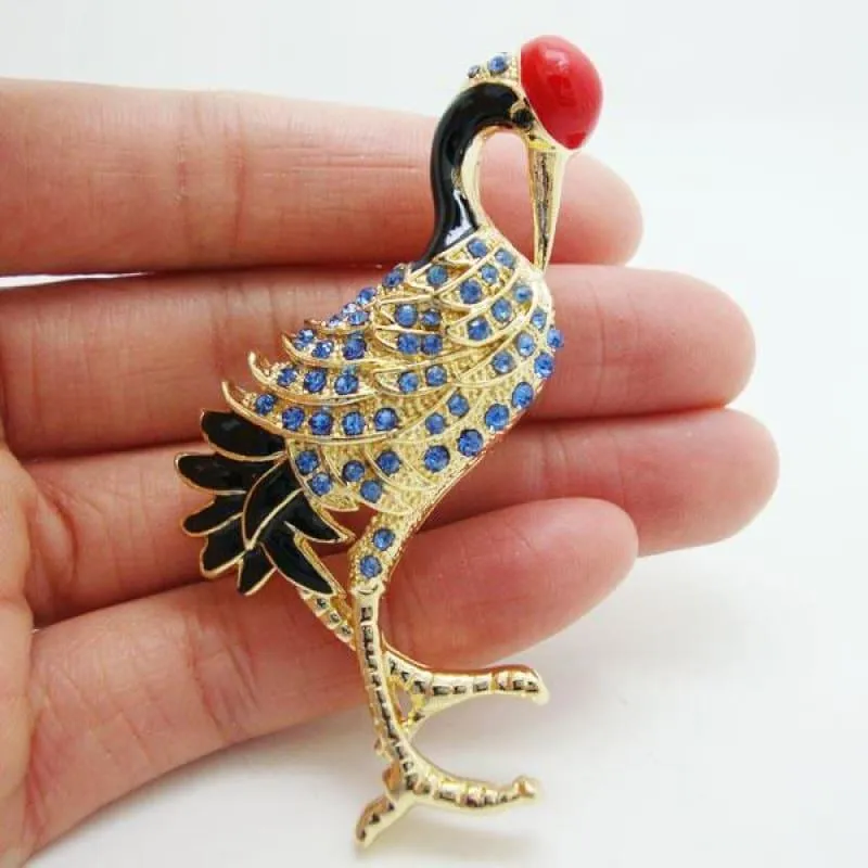 Gorgeous Blue Bird Red-crowned Crane Rhinestone Crystal Gold Tone Brooch Pin