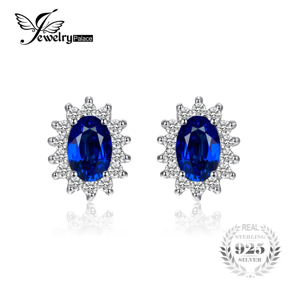 JewelryPalace 1.5ct Oval Blue Sapphire Earrings Stud 925 Sterling Silver Fashion Princess Diana Engagement Wedding Accessories