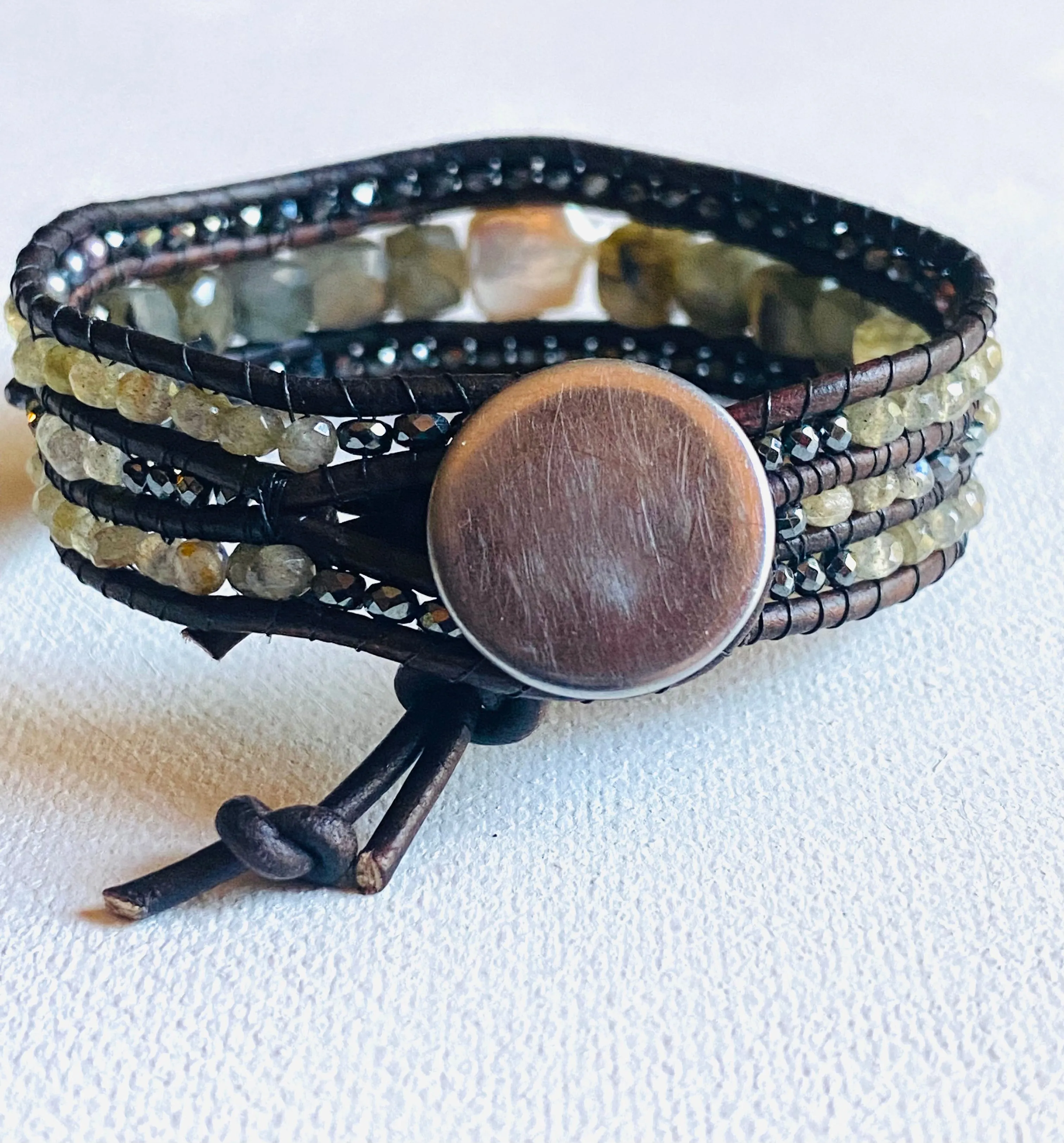 Leather and Gemstone Cuff/Multi Gemstone Cuff/ Pearl and Labradorite Bracelet
