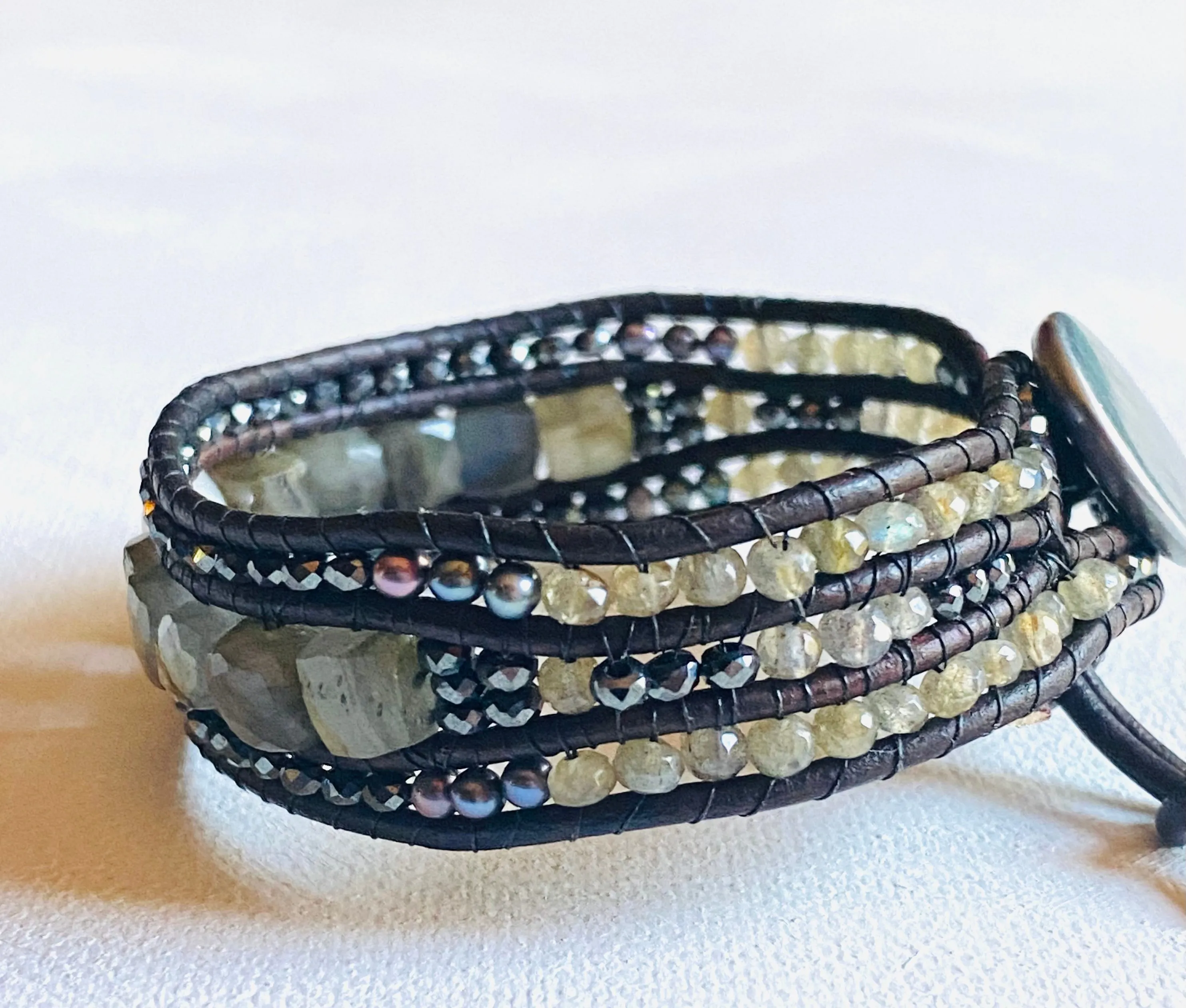 Leather and Gemstone Cuff/Multi Gemstone Cuff/ Pearl and Labradorite Bracelet