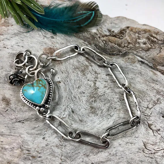 Made to order You have my Heart Turquoise and succulent hand stamped chain sterling silver bracelet