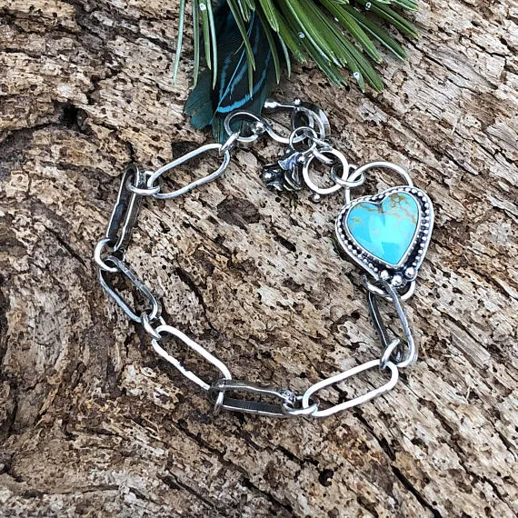 Made to order You have my Heart Turquoise and succulent hand stamped chain sterling silver bracelet