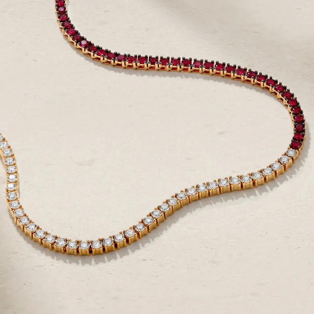 Mark Henry 18k Yellow Gold Half Ruby and Half Diamond Tennis Necklace