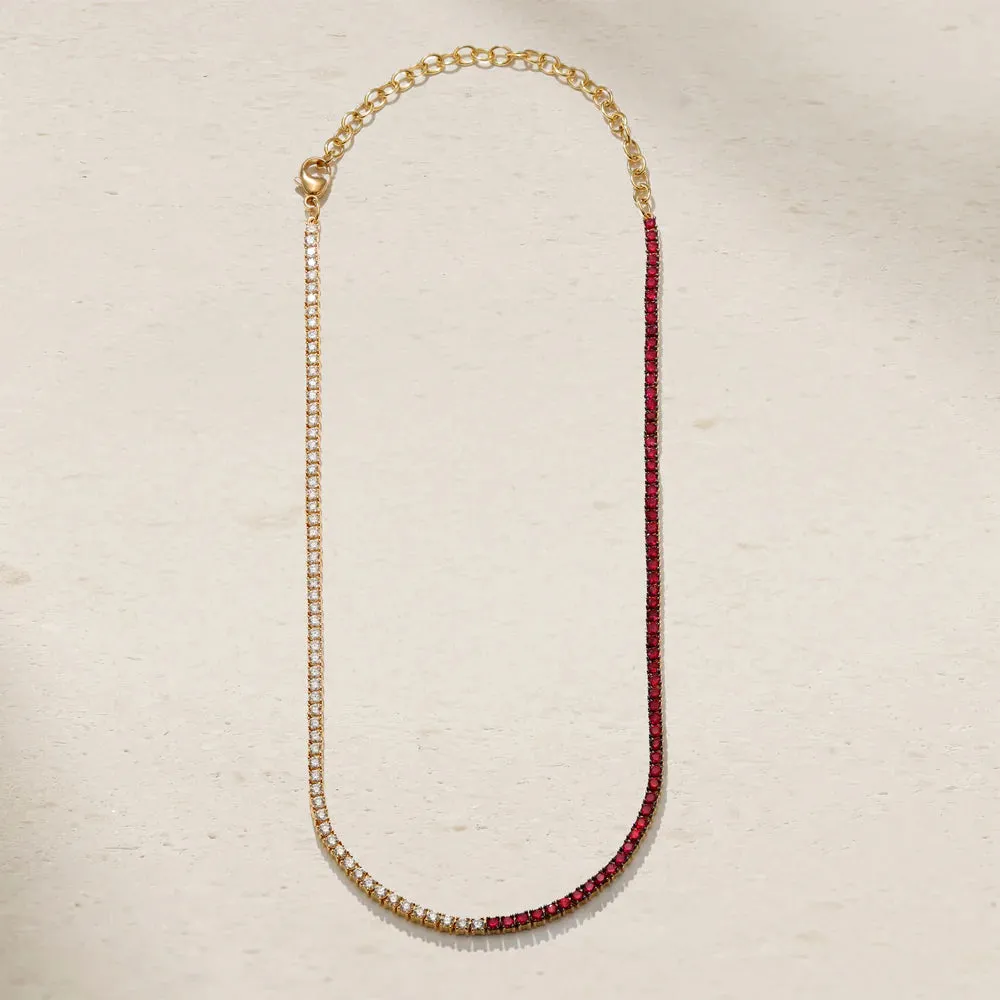 Mark Henry 18k Yellow Gold Half Ruby and Half Diamond Tennis Necklace