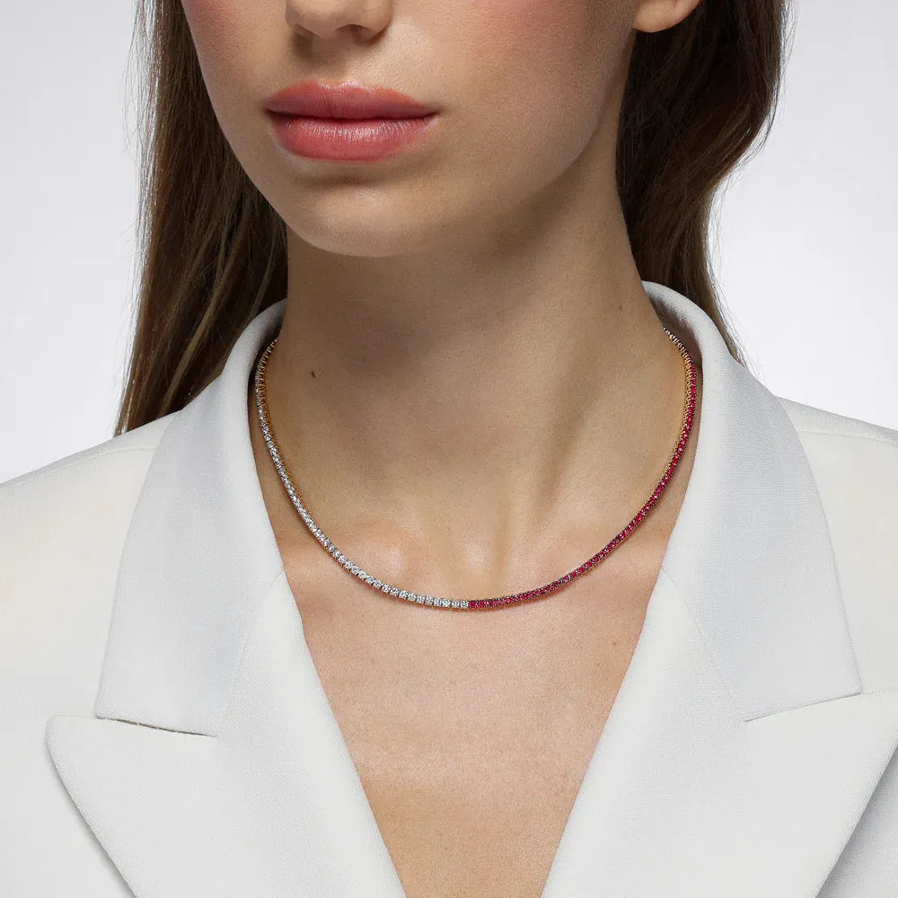 Mark Henry 18k Yellow Gold Half Ruby and Half Diamond Tennis Necklace