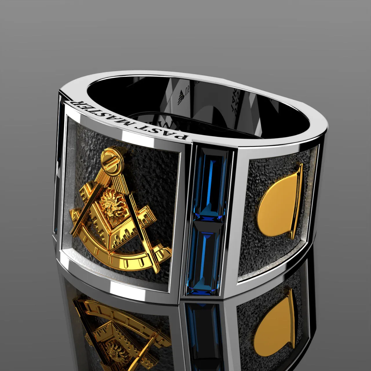 Men's Past Master Two Tone 925 Sterling Silver and 14k Yellow Gold Synthetic Sapphire Ring