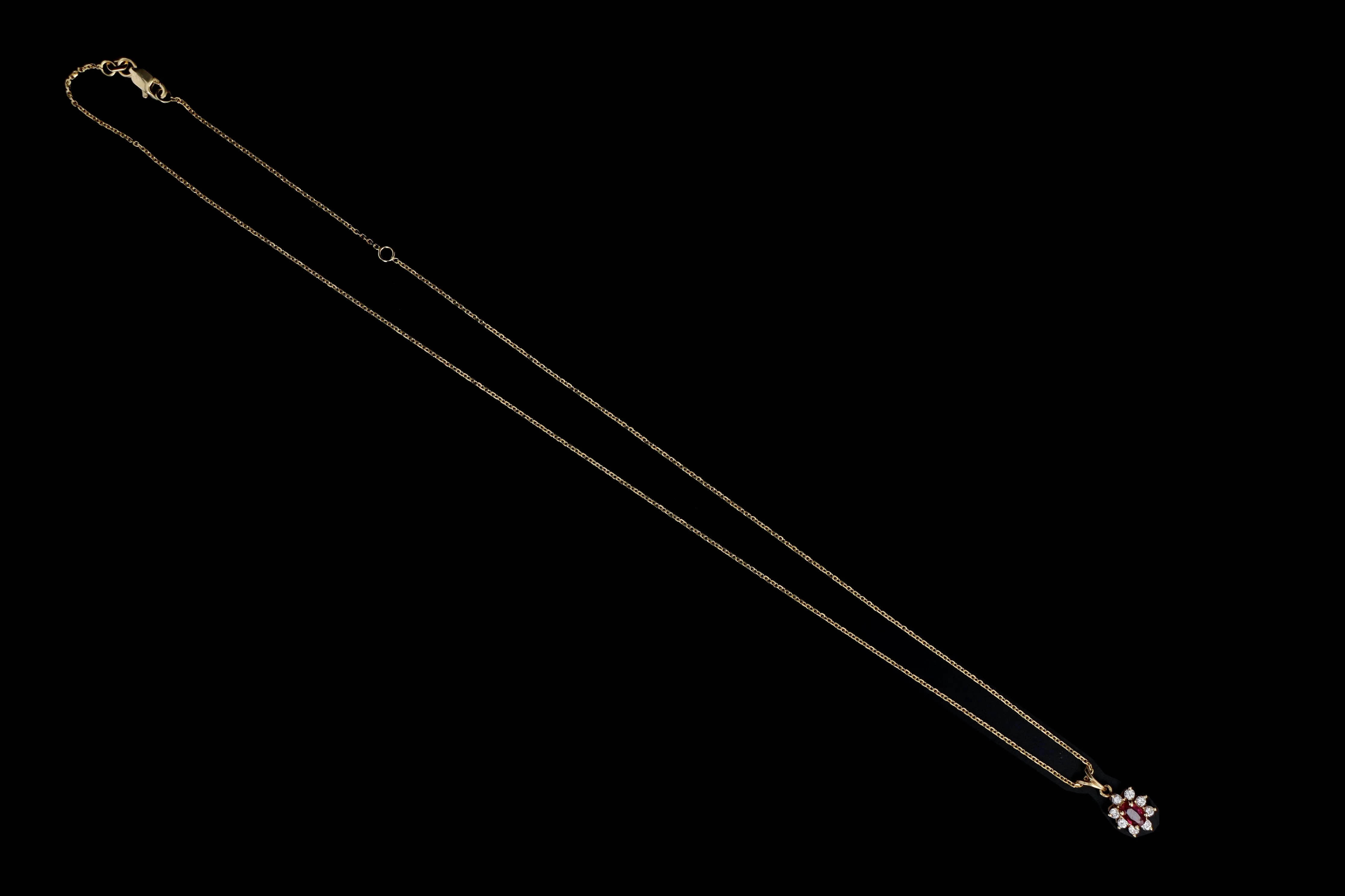 Modern 14K Yellow Gold .30 Carat Natural Ruby & Diamond Halo Pendant Necklace