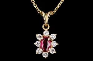 Modern 14K Yellow Gold .30 Carat Natural Ruby & Diamond Halo Pendant Necklace