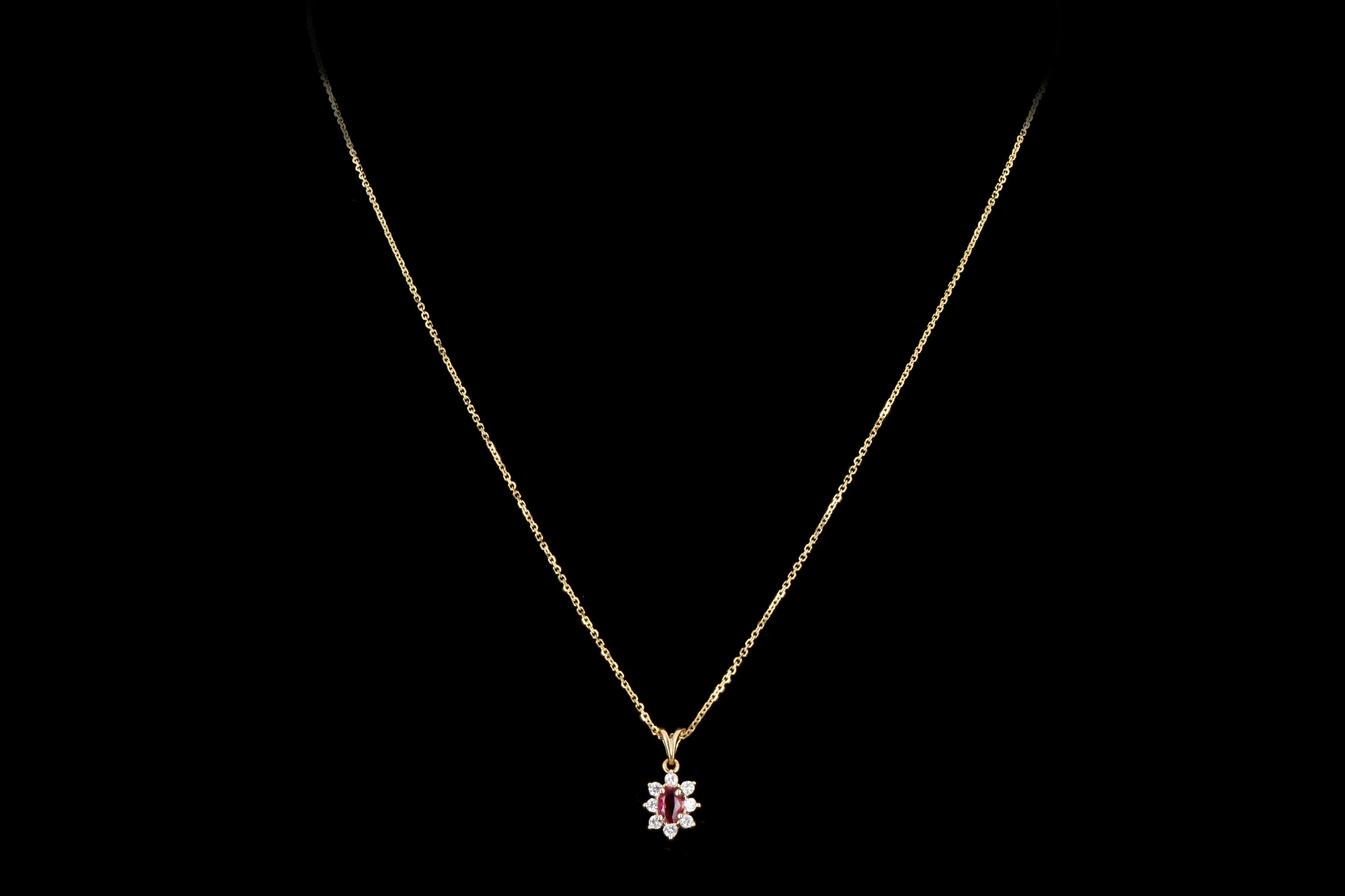 Modern 14K Yellow Gold .30 Carat Natural Ruby & Diamond Halo Pendant Necklace