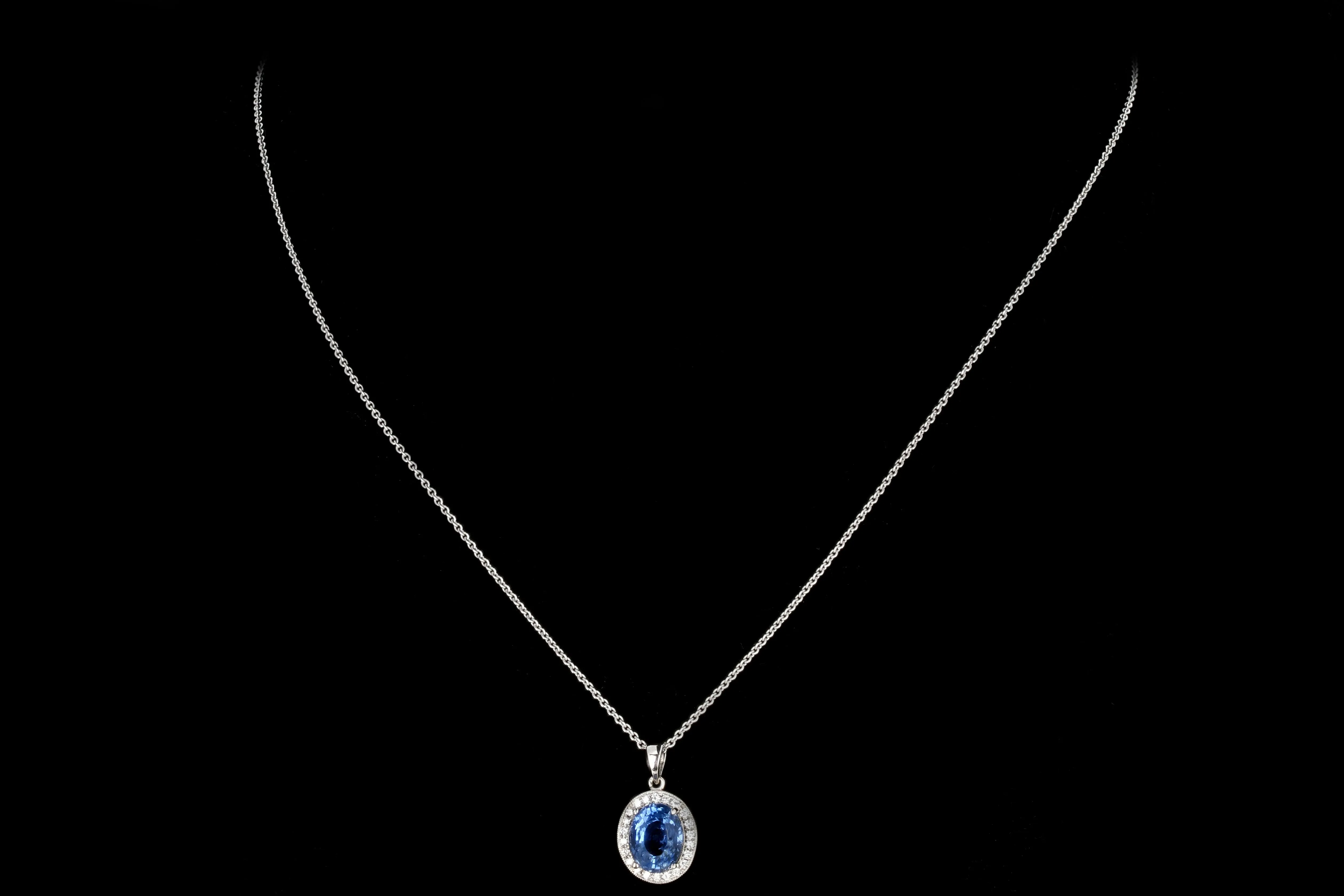 Modern 18K White Gold 2.65 Carat Natural Sapphire and Diamond Halo Pendant Necklace