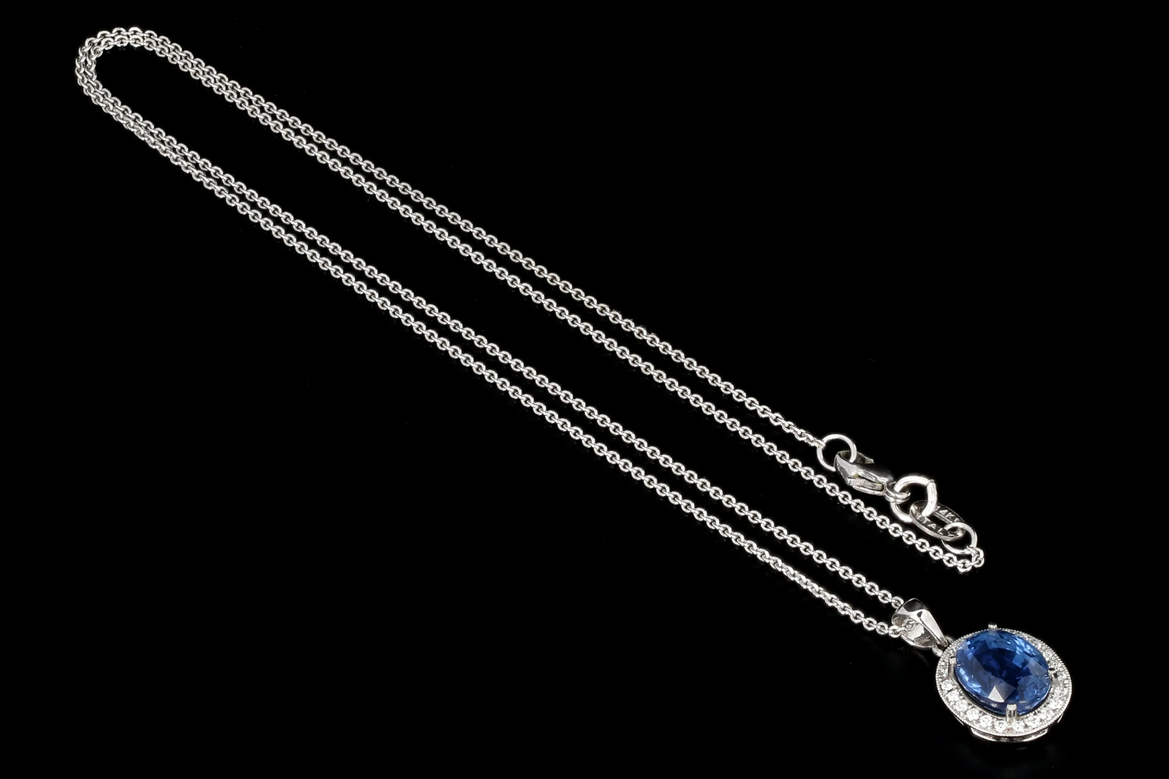 Modern 18K White Gold 2.65 Carat Natural Sapphire and Diamond Halo Pendant Necklace