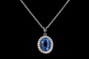 Modern 18K White Gold 2.65 Carat Natural Sapphire and Diamond Halo Pendant Necklace