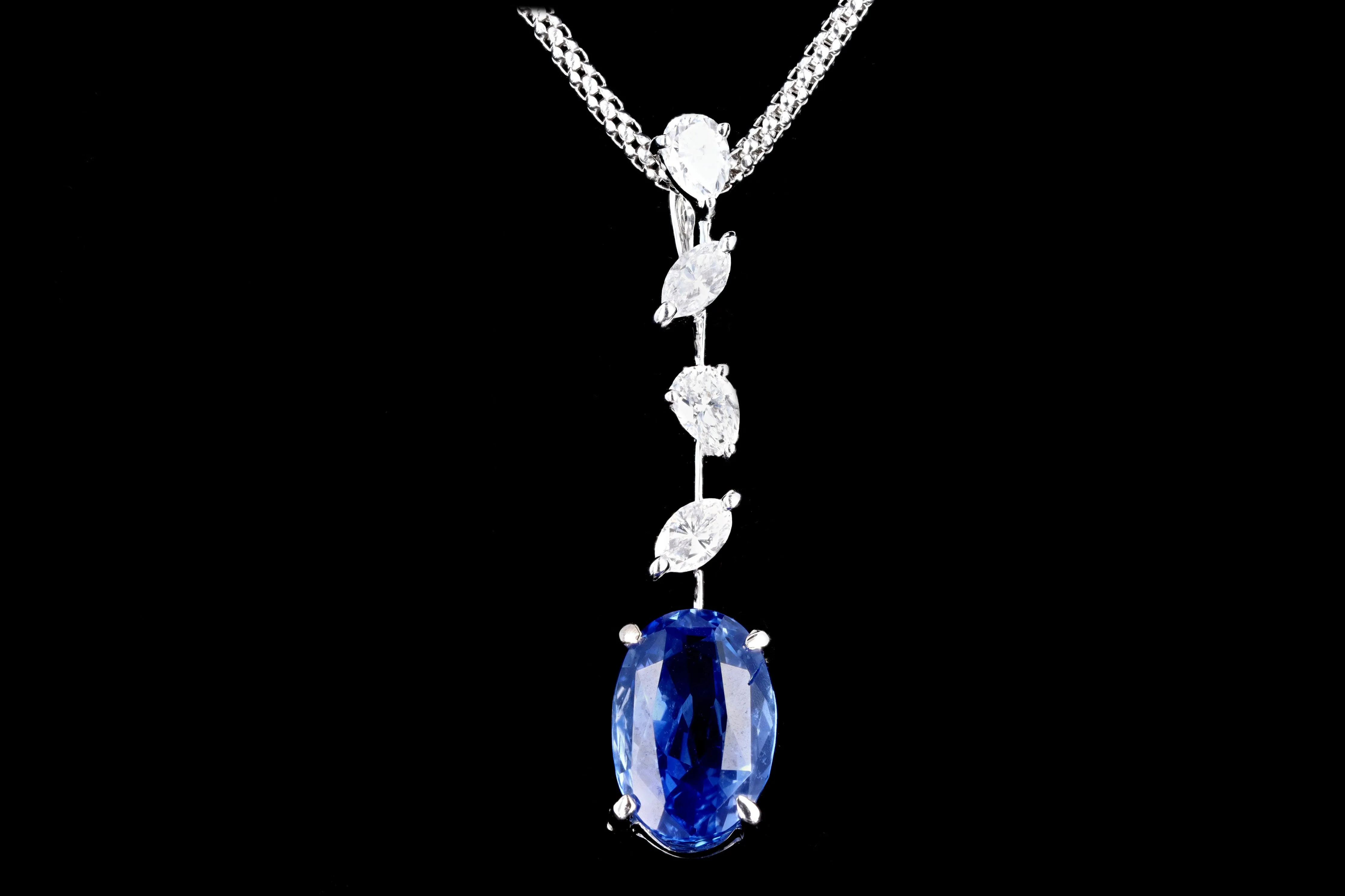 Modern 18K White Gold 3.51 Carat Natural No Heat Ceylon Sapphire & Diamond Pendant Necklace AIGS Certified