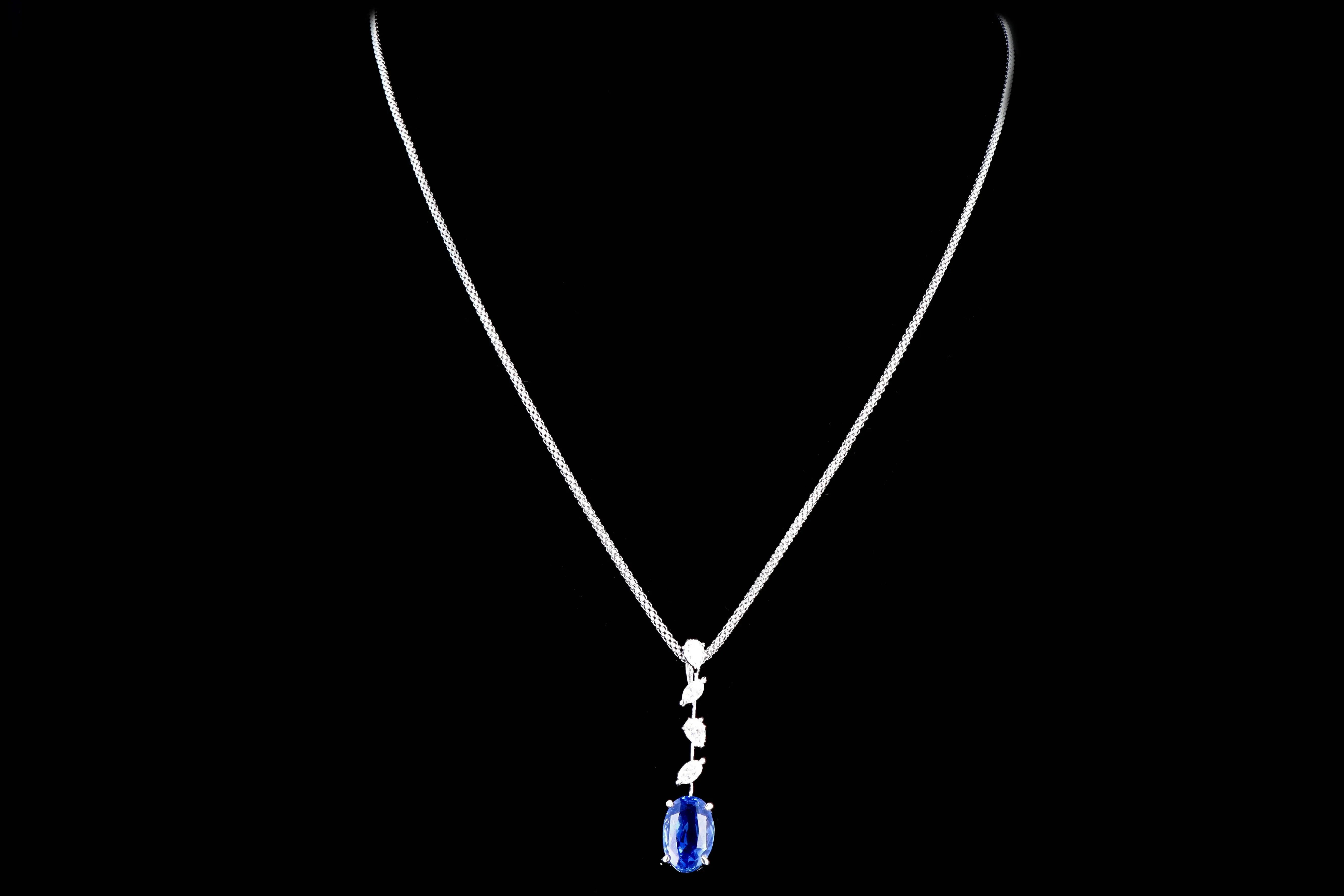 Modern 18K White Gold 3.51 Carat Natural No Heat Ceylon Sapphire & Diamond Pendant Necklace AIGS Certified