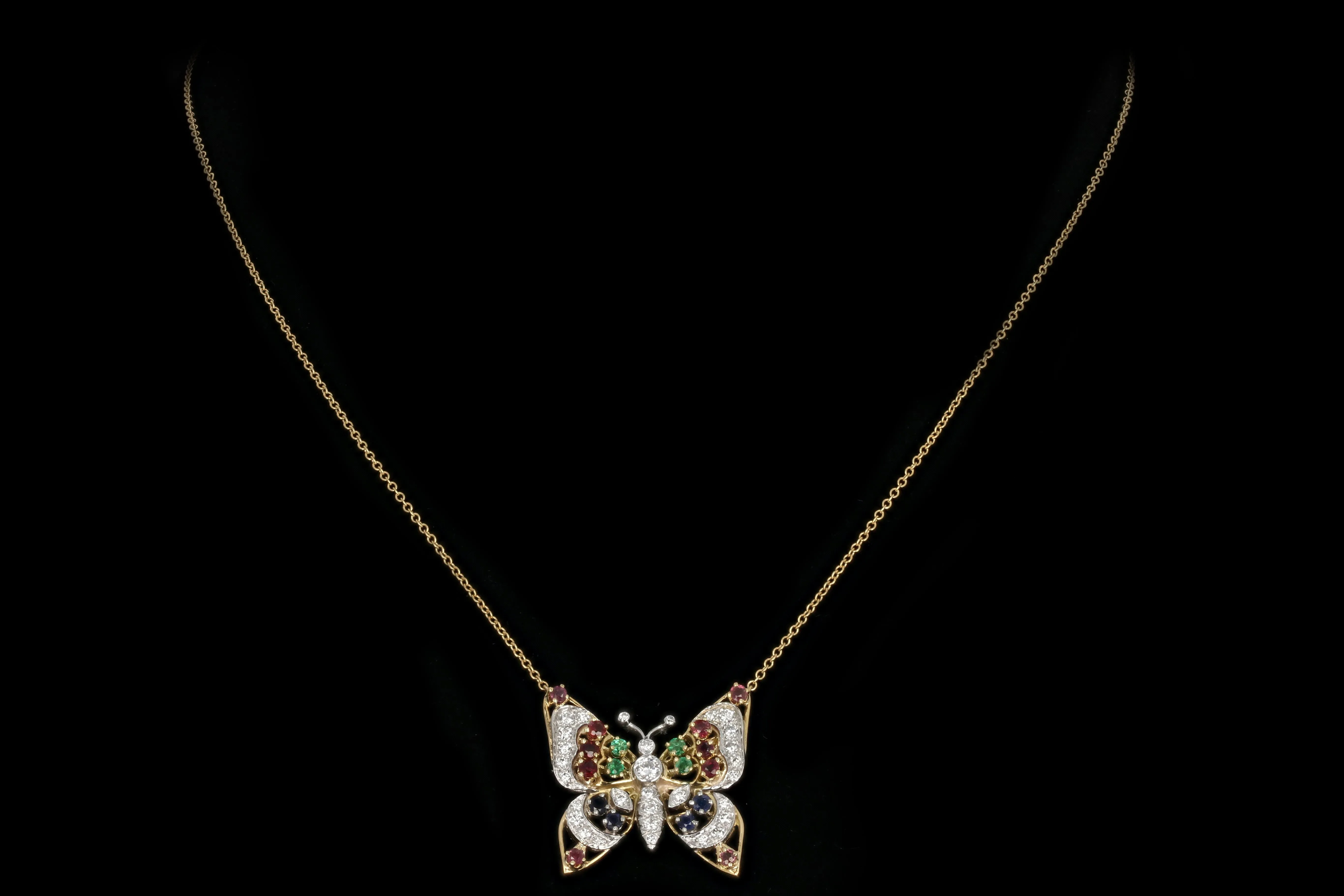 Modern 18K Yellow Gold Butterfly Necklace with .40 Carat Diamonds, Emeralds, Sapphires, and Rubies