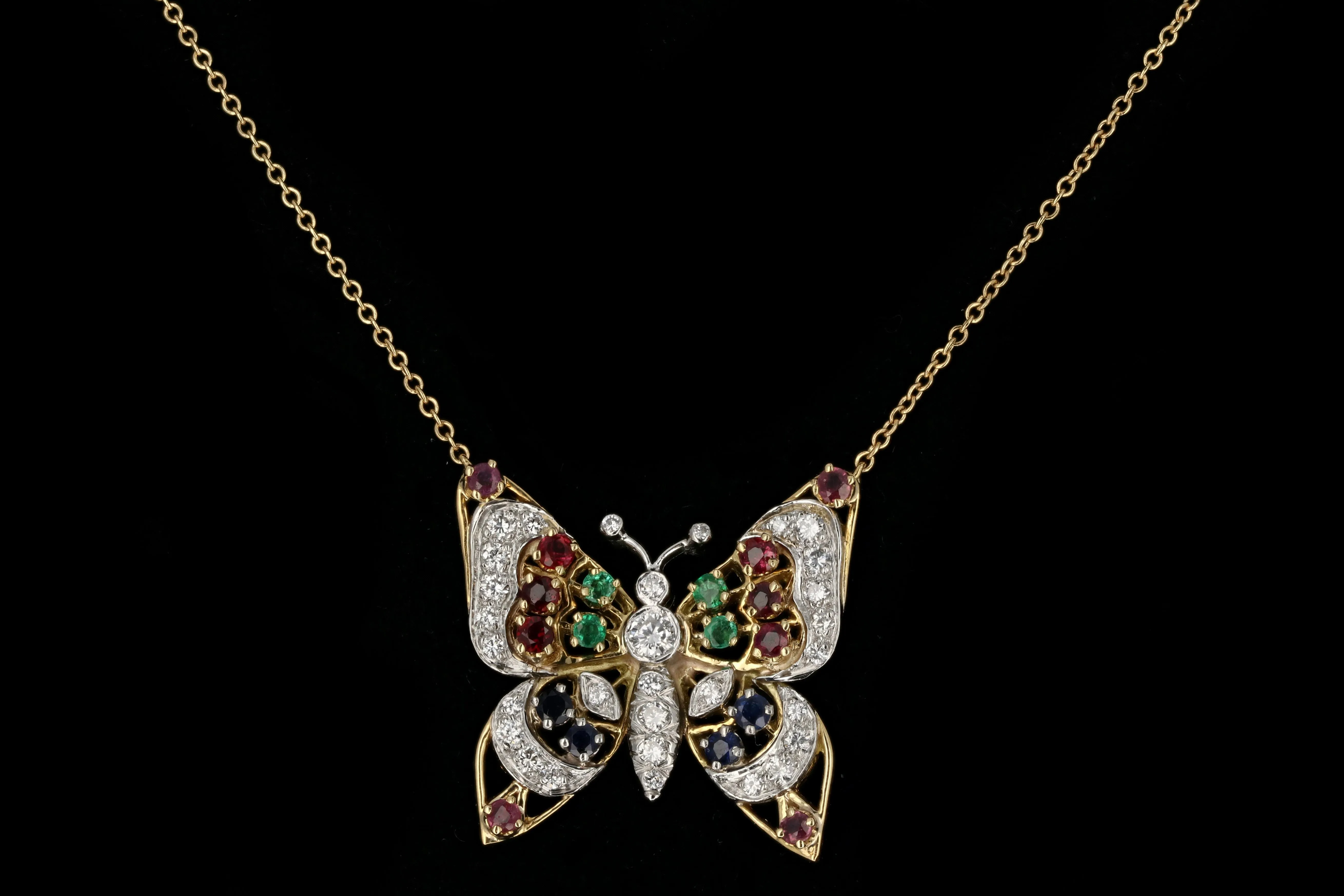 Modern 18K Yellow Gold Butterfly Necklace with .40 Carat Diamonds, Emeralds, Sapphires, and Rubies