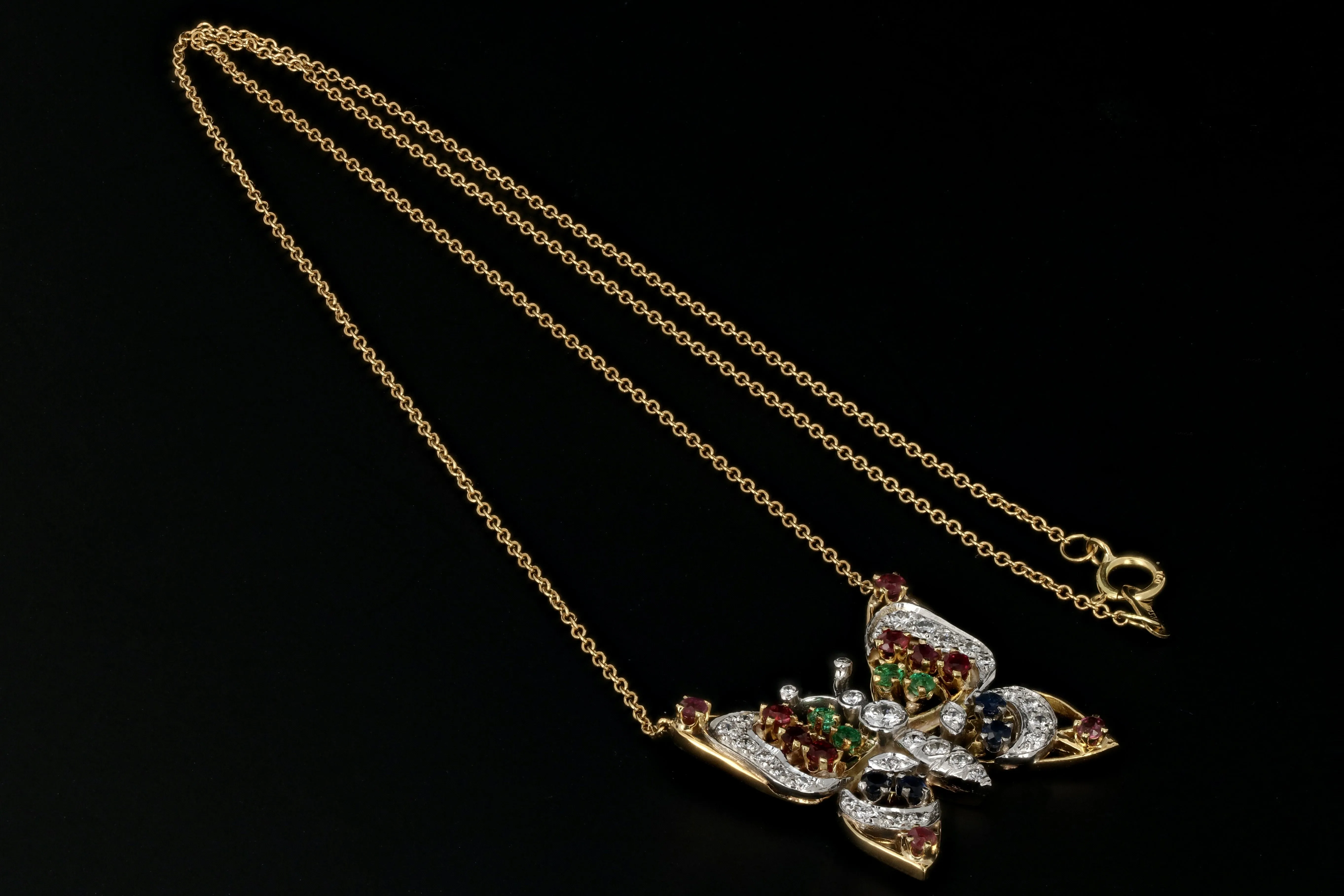 Modern 18K Yellow Gold Butterfly Necklace with .40 Carat Diamonds, Emeralds, Sapphires, and Rubies