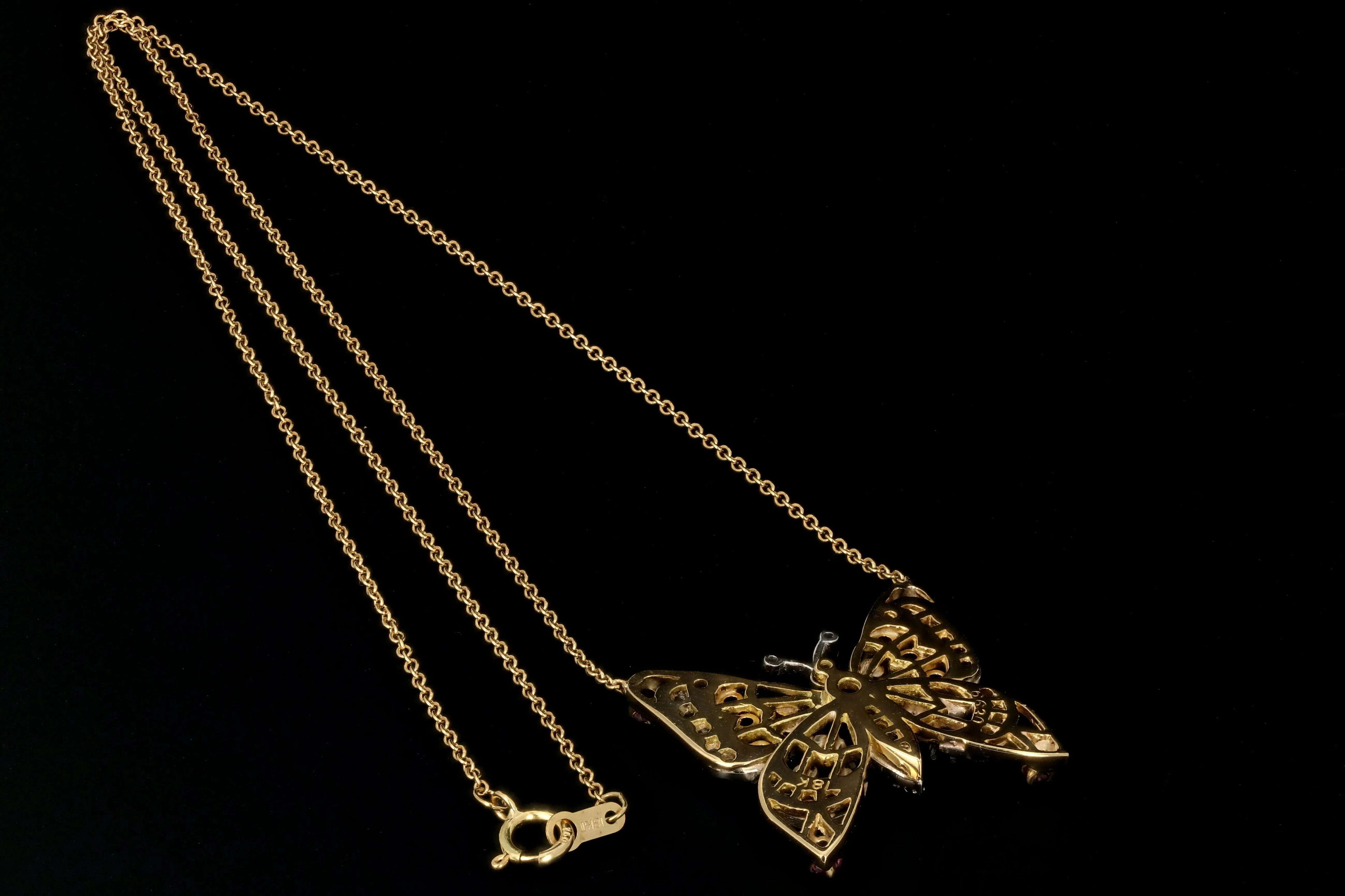 Modern 18K Yellow Gold Butterfly Necklace with .40 Carat Diamonds, Emeralds, Sapphires, and Rubies